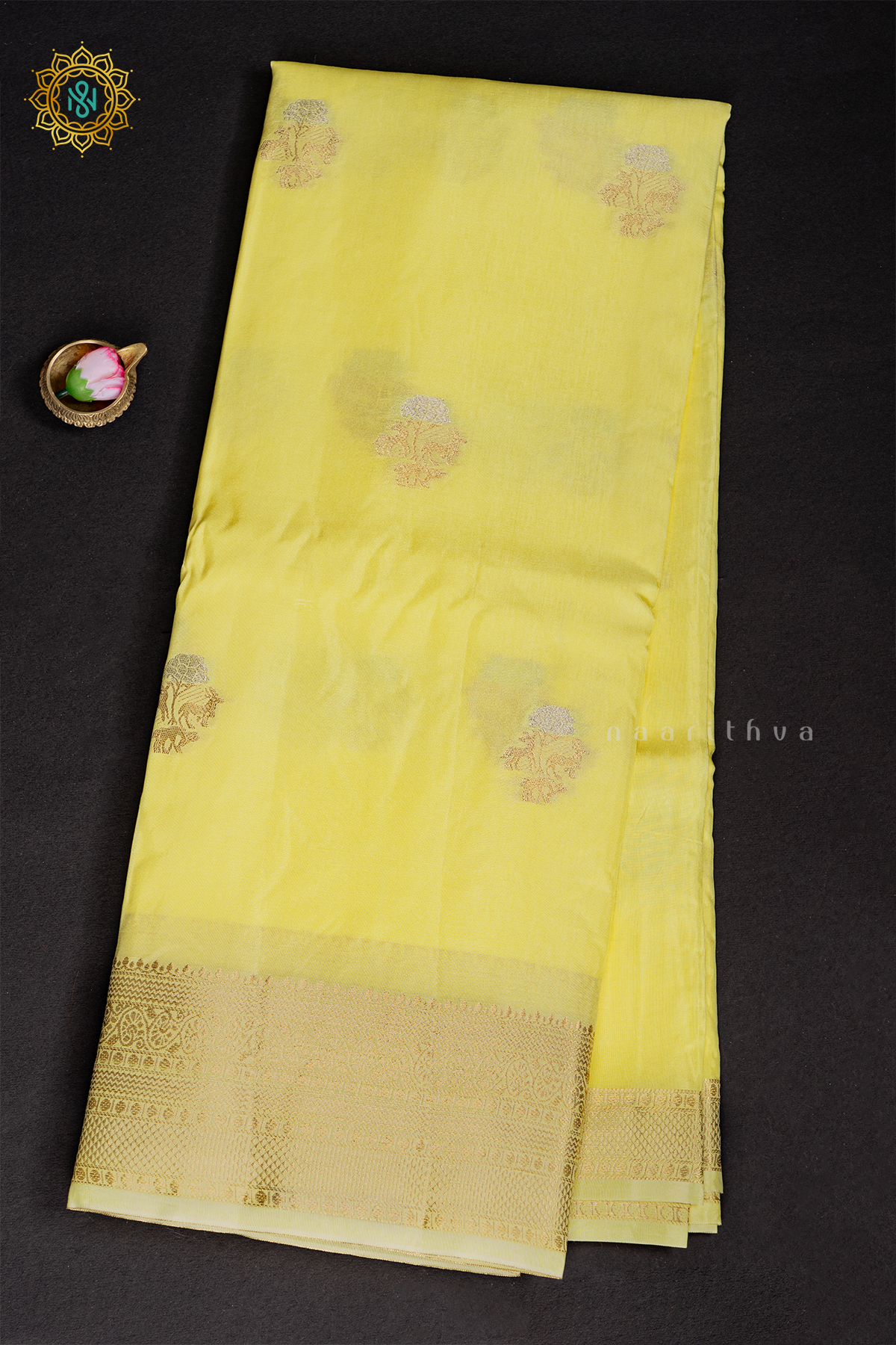 YELLOW WITH PISTA GREEN - SEMI CREPE SILK