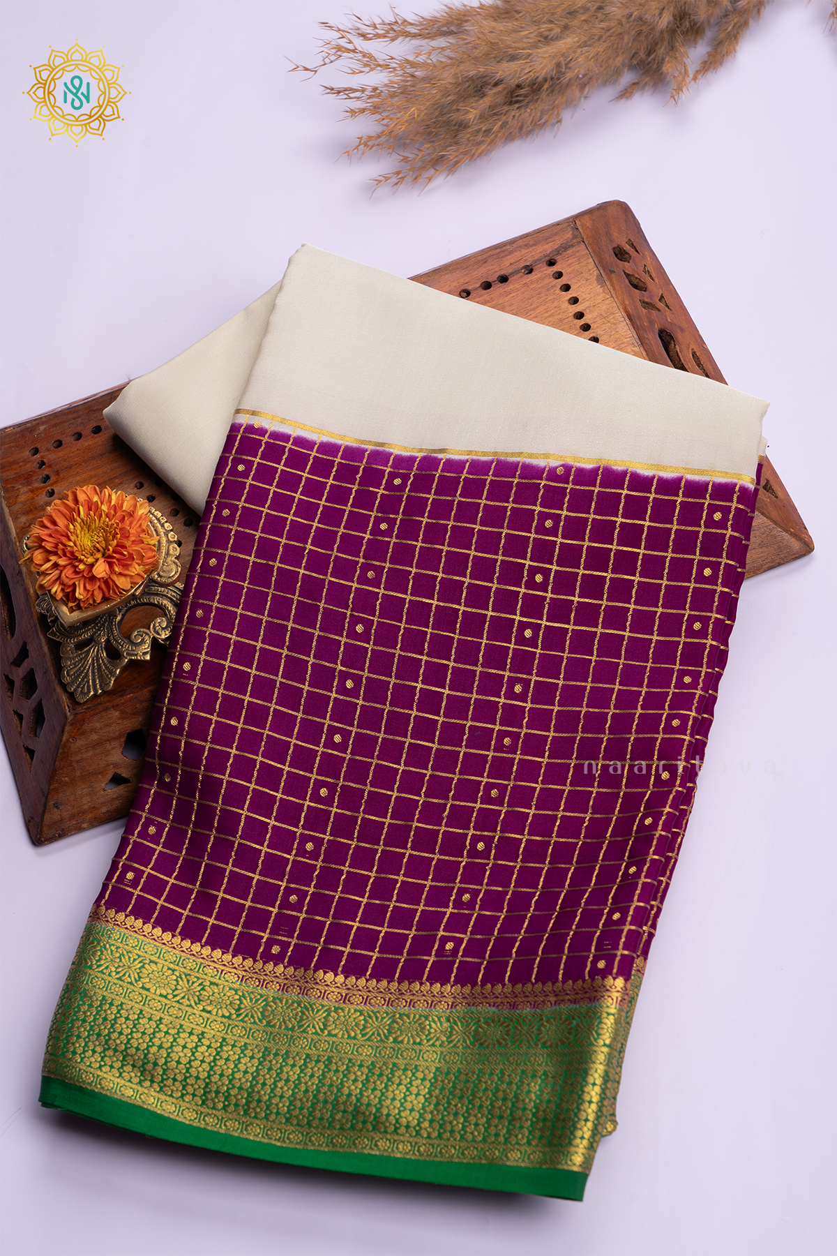 WHITE WITH WINE & GREEN - PURE MYSORE CREPE SILK