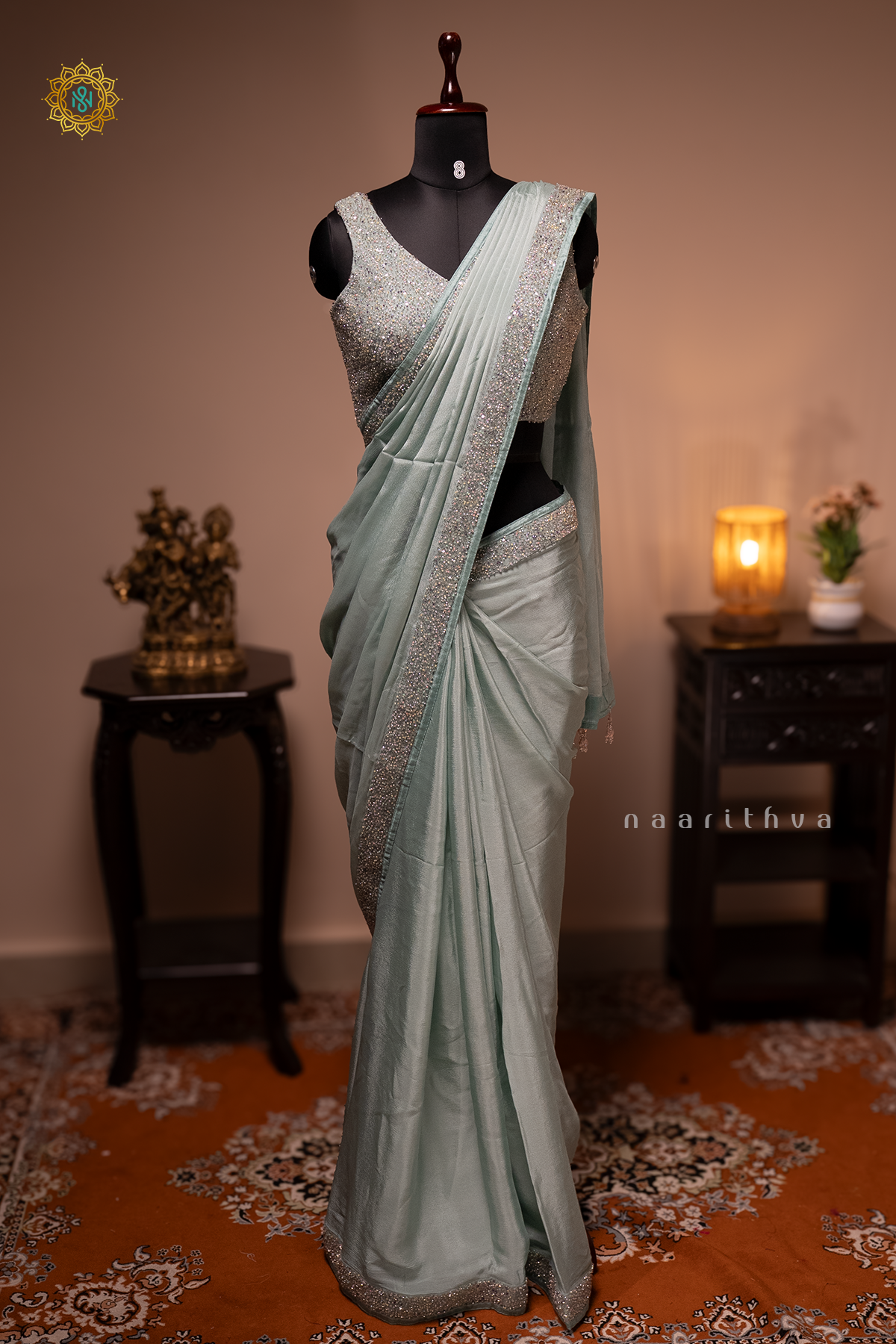 Light Blue Chinnon Designer Wear Saree with Readymade Blouse