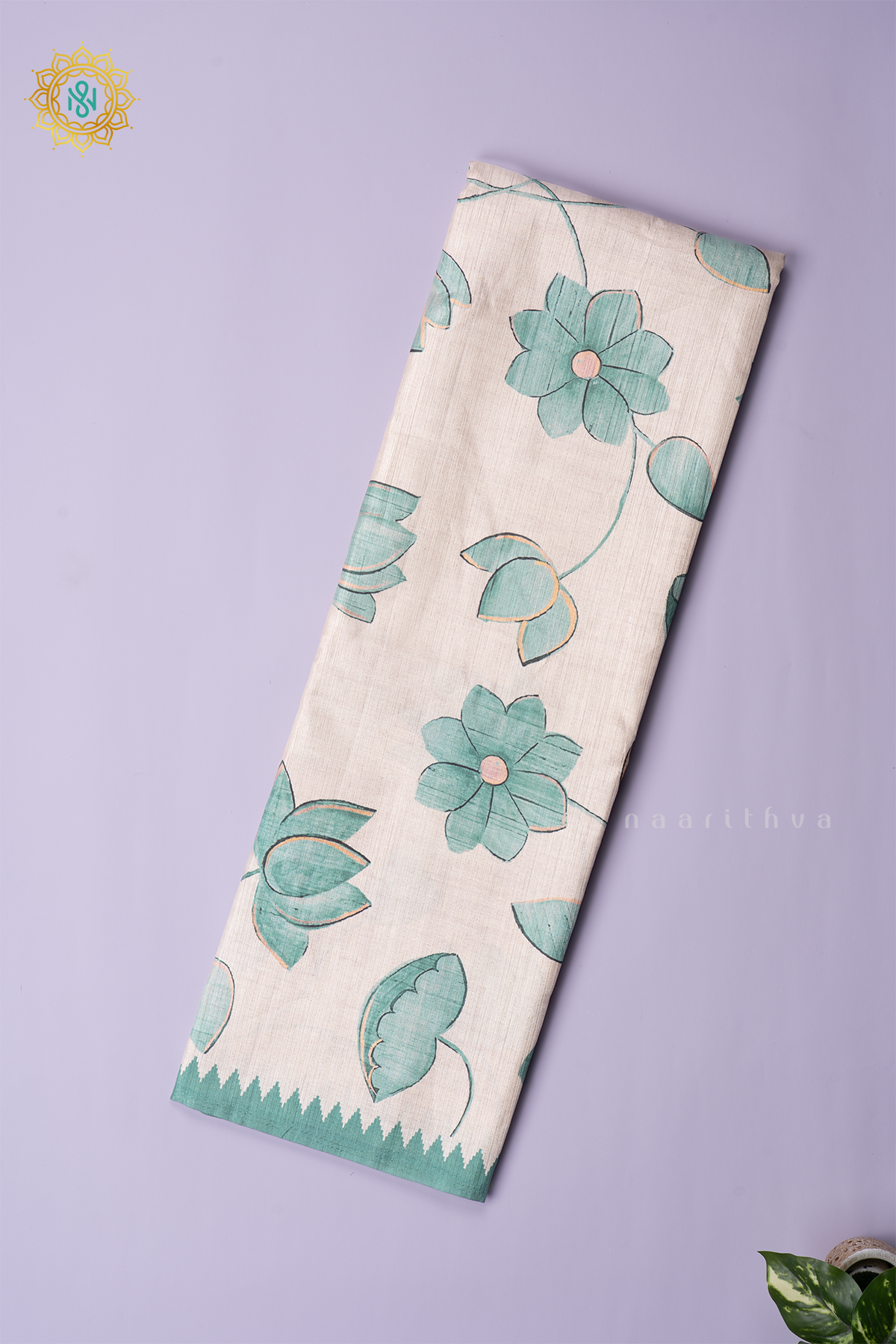 OFF WHITE WITH PISTA GREEN - SEMI TUSSAR SILK