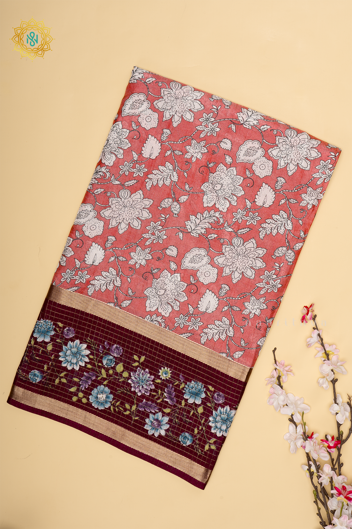 Light Pink With Deep Wine Dola Silk Saree With Printed Body And Contrast Zari Checks Border