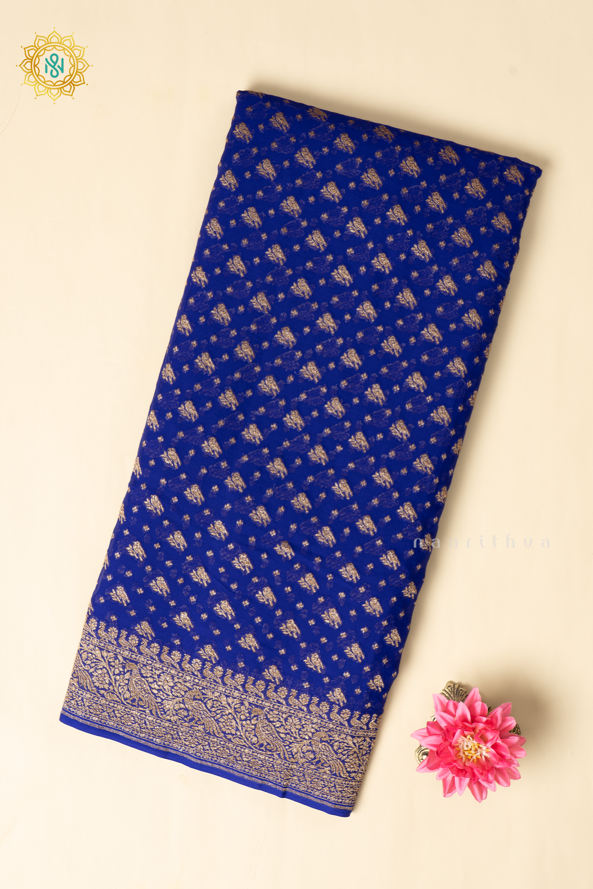 Royal Blue Pure Banarasi Khaddi Georgette Allover Antique Zari Buttas On The Body With Contrast Zari Border & Pallu