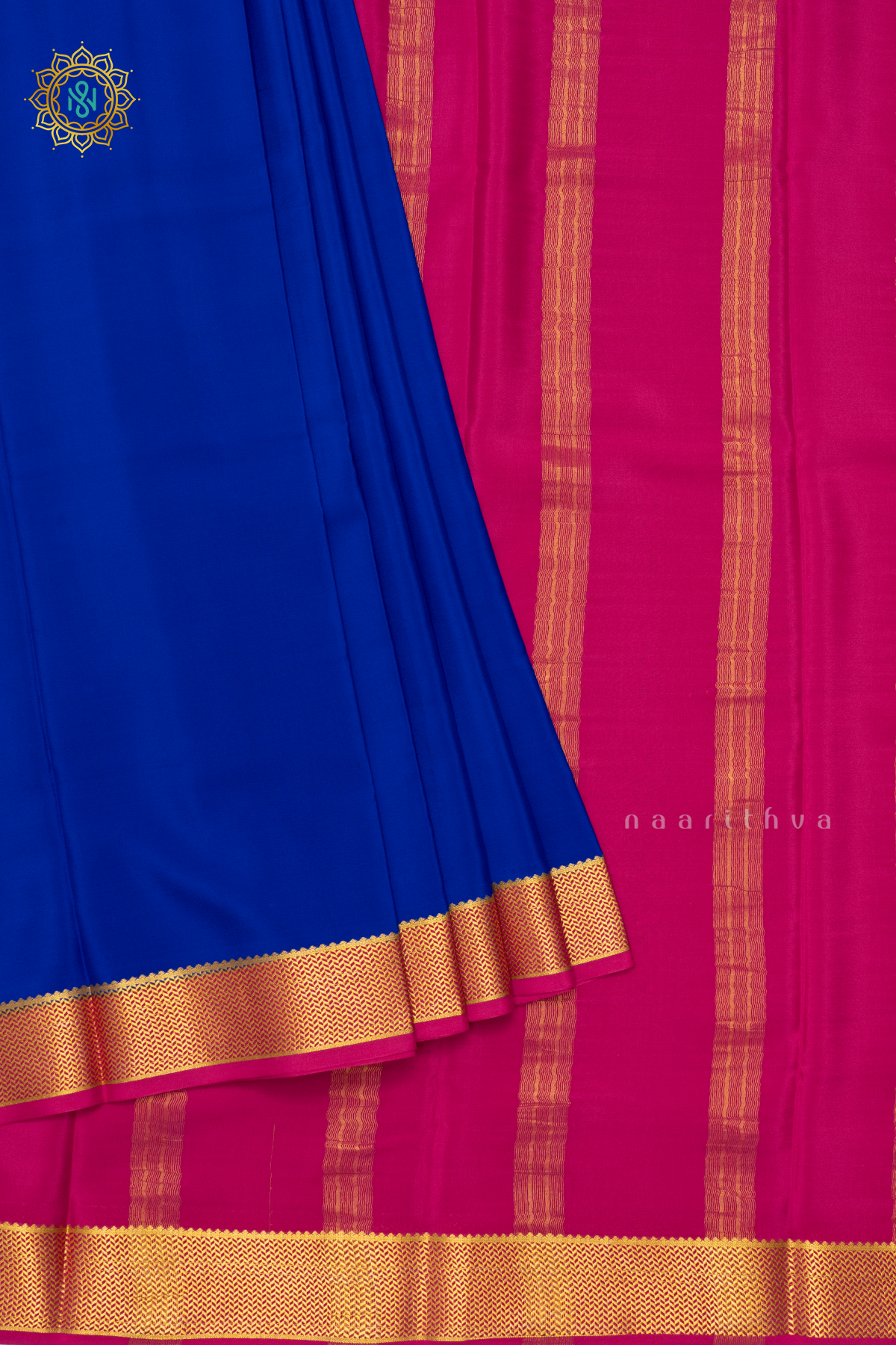 ROYAL BLUE WITH PINK - PURE MYSORE CREPE SILK