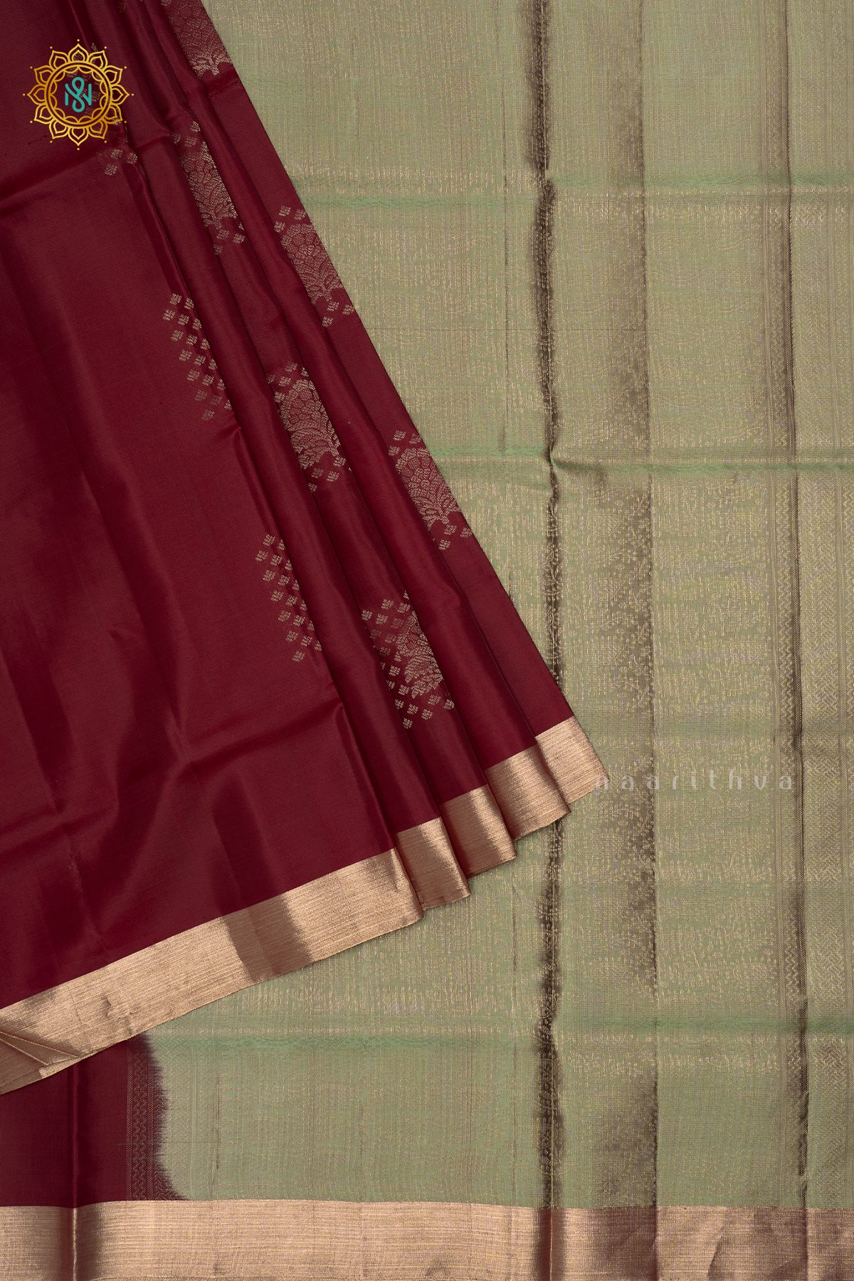 Maroon with Green Pure Mix Kanjivaram Soft Silk Saree with All-Over Zari Buttas and a Contrast Zari Border