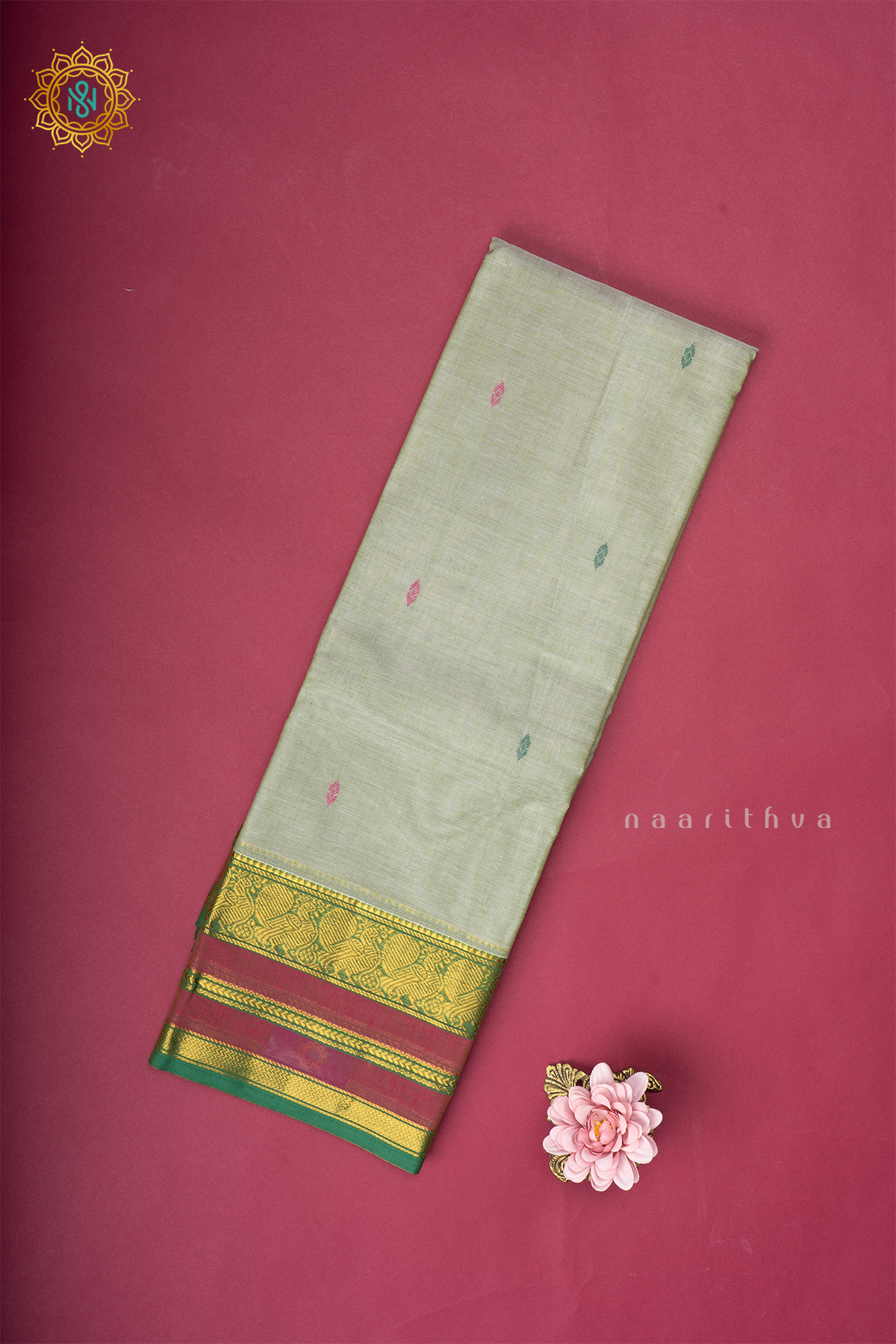 Grey With Green & Pink Chettinad Cotton Saree With Thread Woven Buttas & Contrast Border