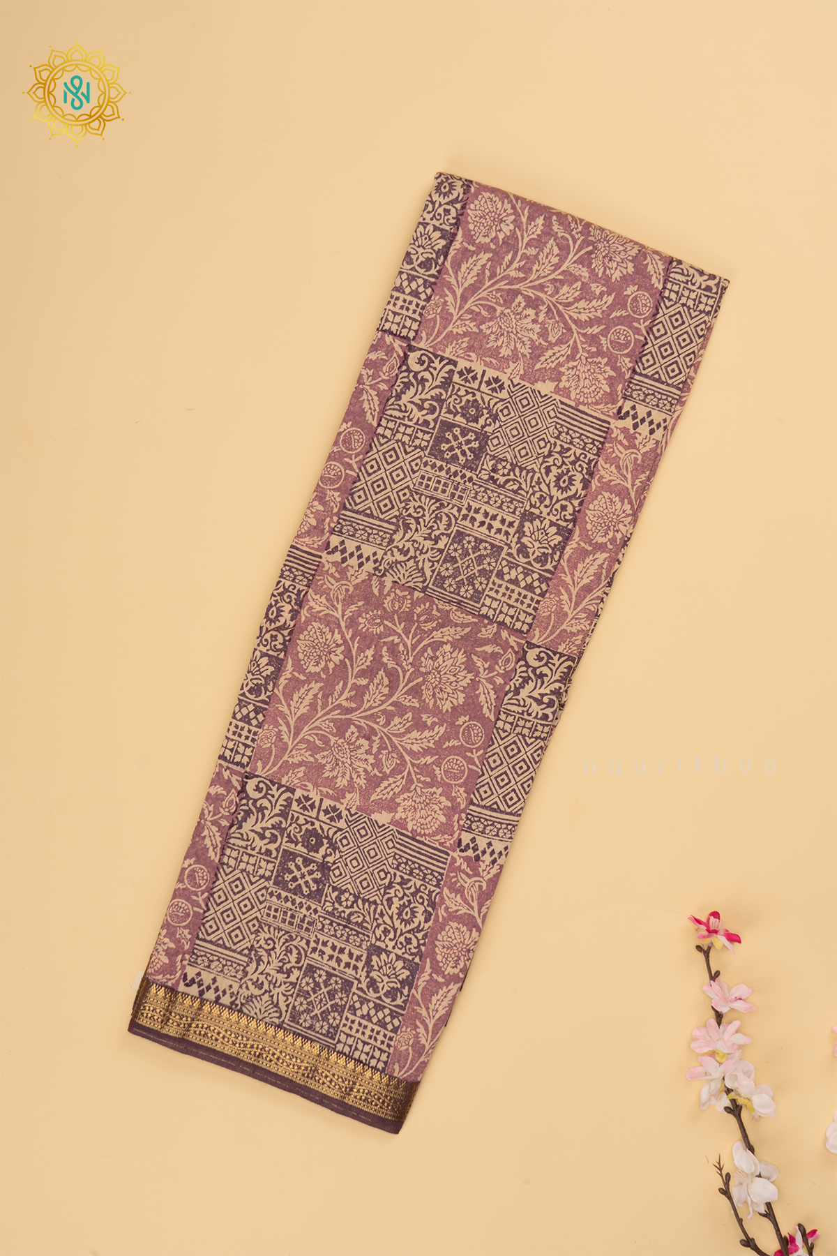 Purple with Pinkish Lavender Butter Crepe Saree with All-Over Printed Body and Zari Border