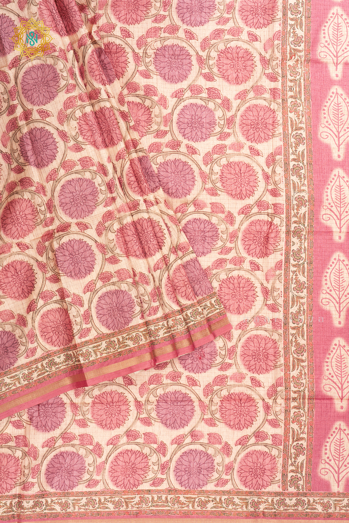 Beige With Pink Semi Tussar Silk Saree With Printed Body And Tissue Border