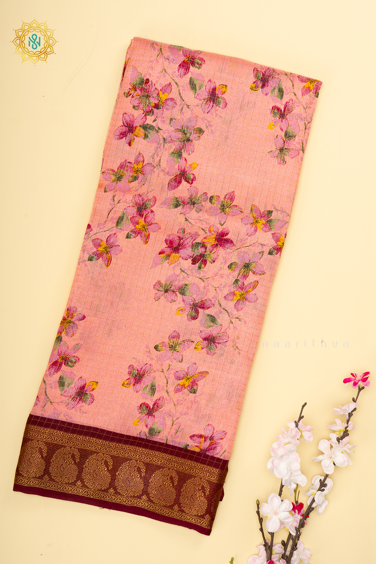 PEACHISH PINK WITH MAROON - SEMI CHIFFON GEORGETTE