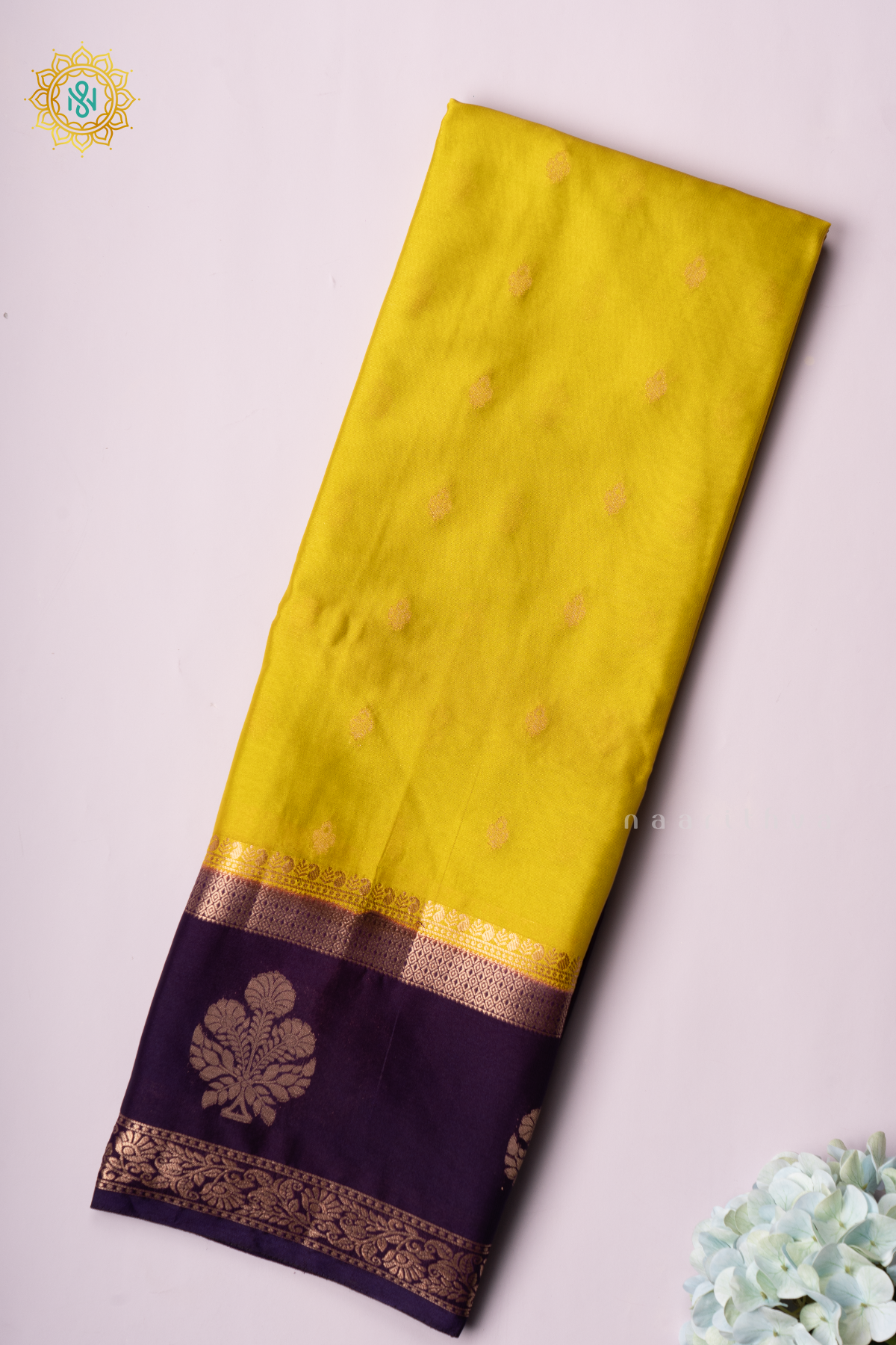 LEMON YELLOW WITH PURPLE - SEMI MYSORE CREPE SILK
