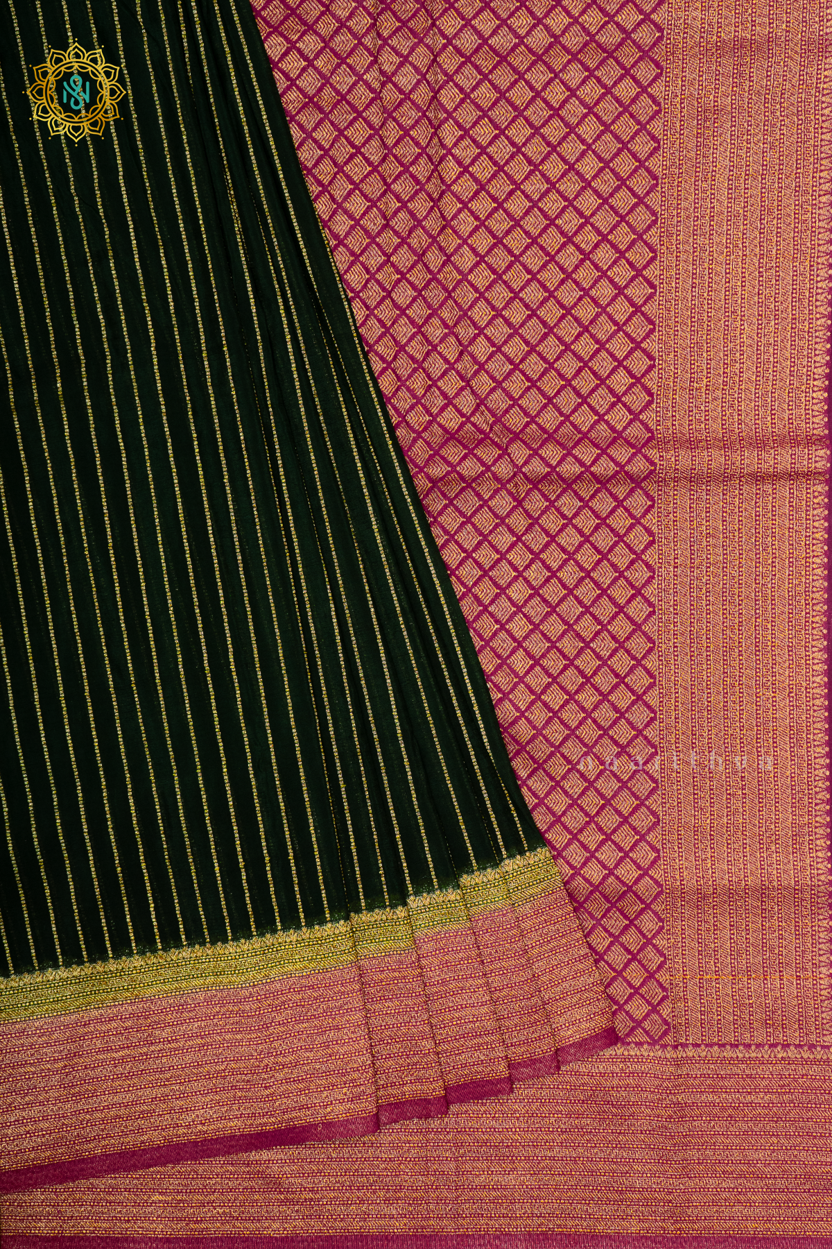 BOTTLE GREEN WITH PINK - SEMI CREPE GEORGETTE