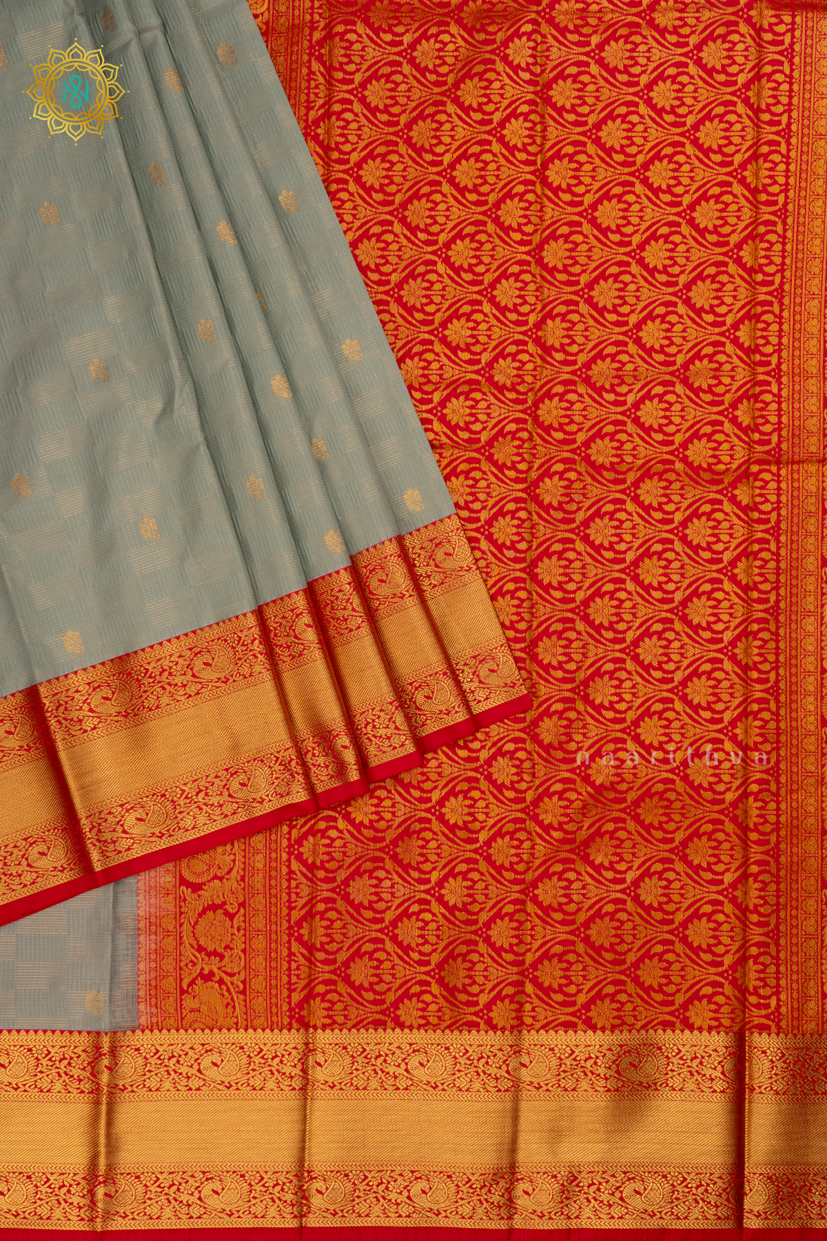 Sage Green with Rani Pink Semi Kanchi Saree With Zari Buttas All Over And Contrast Zari Border