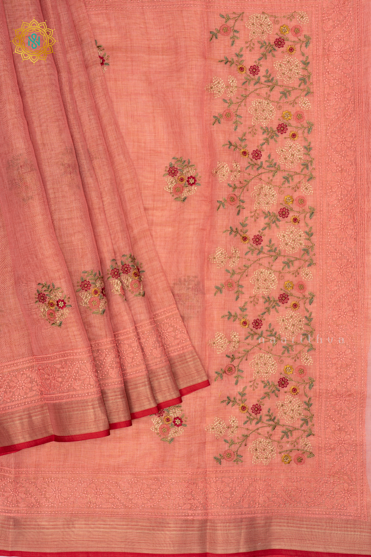 Peach - Linen Tissue Saree Allover Thread Work Buttas with Tissue Border