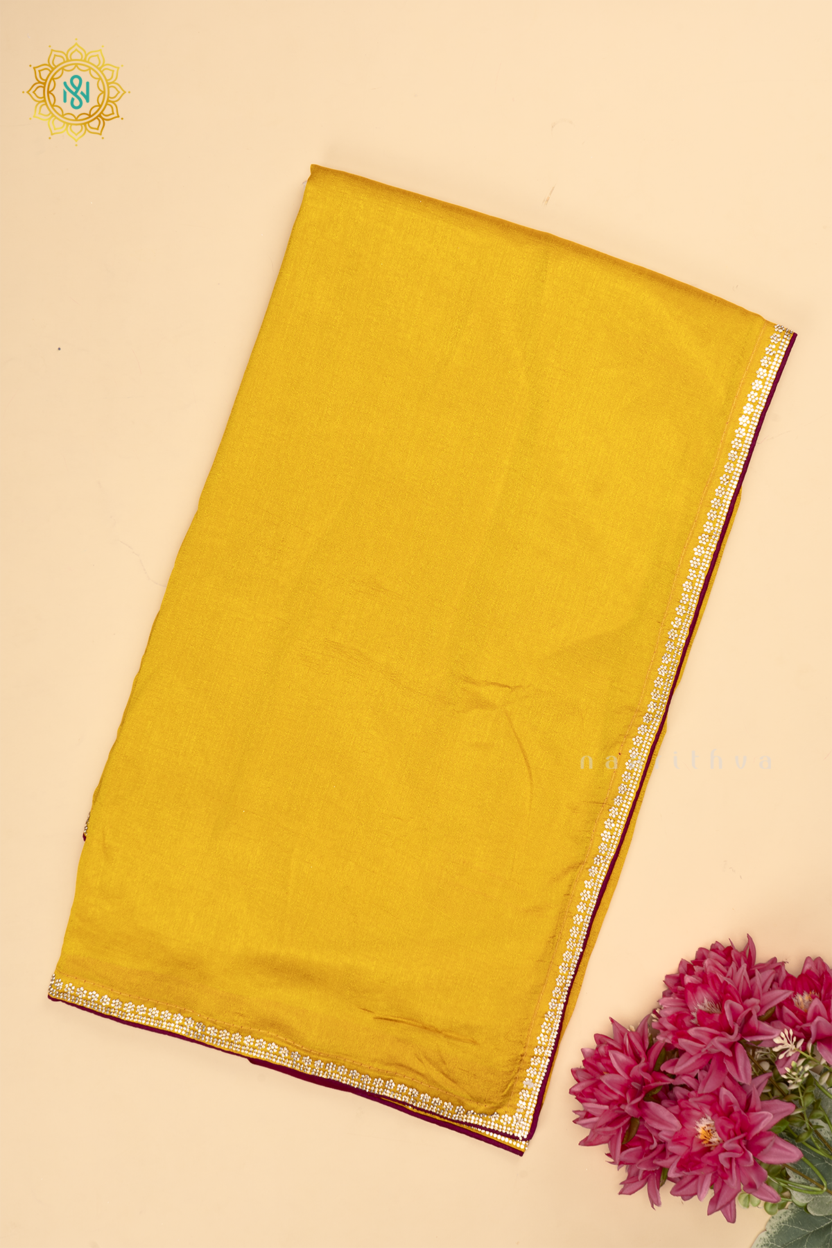 Yellow with Pink - Party Wear Tussar Georgette Saree Allover Plain Body with Stone Work Border, with Contrast Blouse