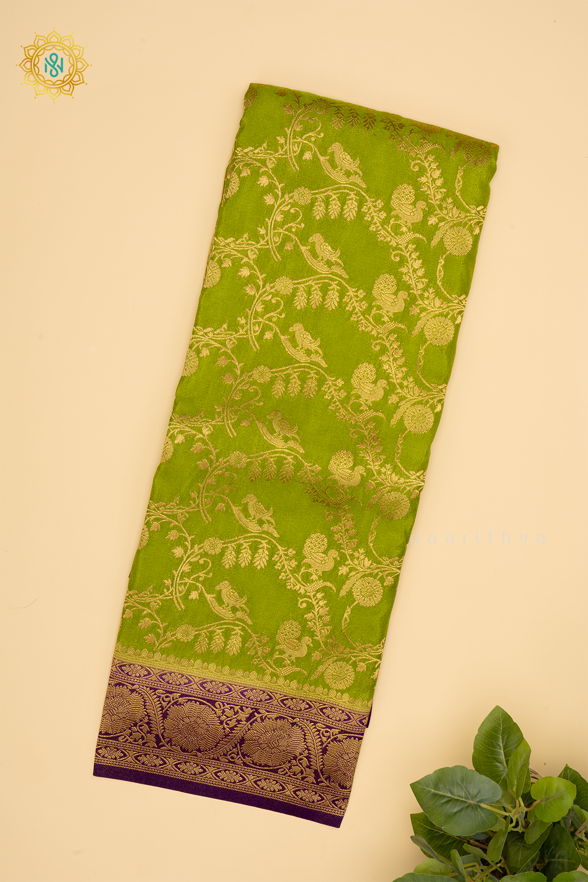 Green With Purple Semi Crepe Georgette Saree With Brocade Body And Contrast Zari Border