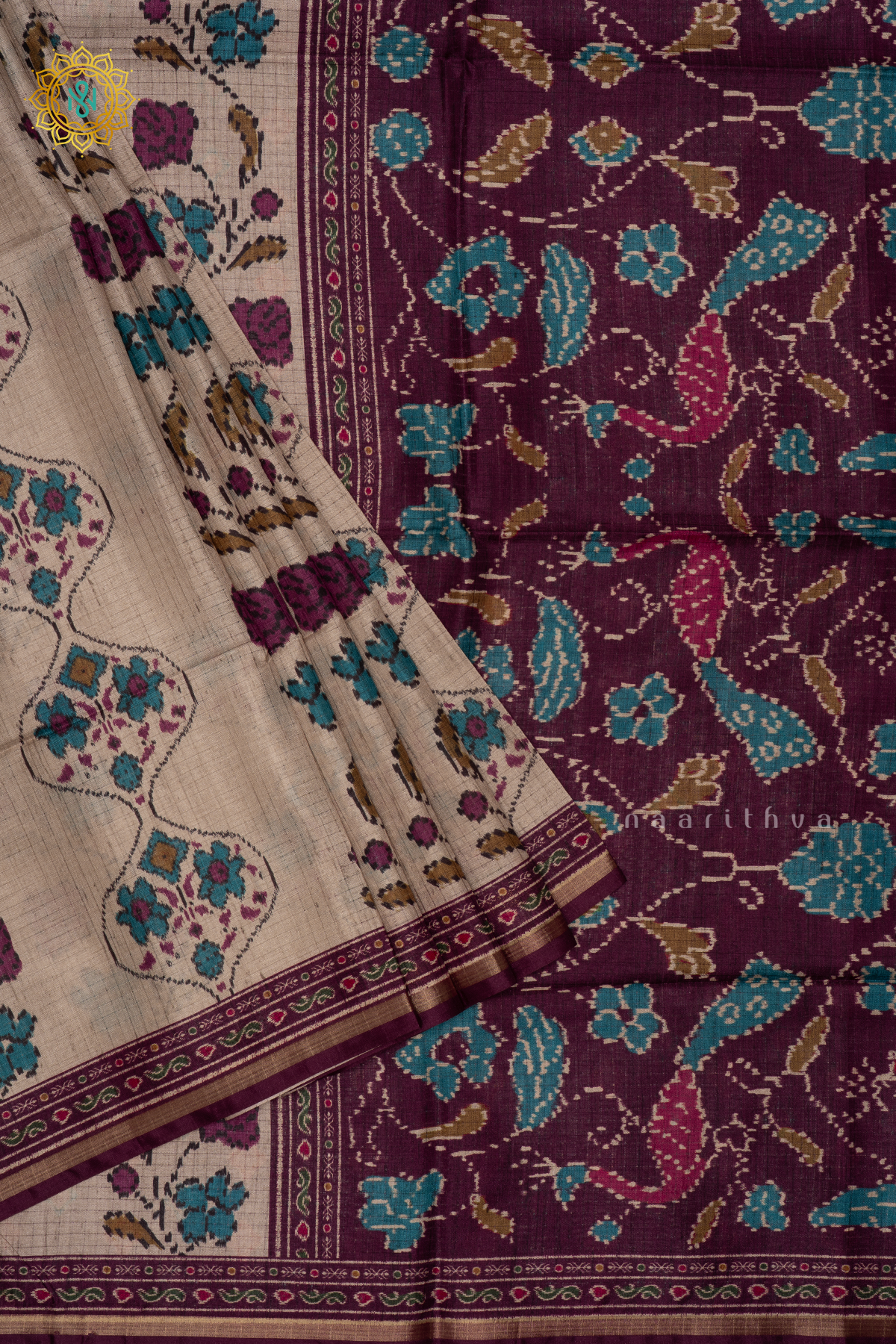 Off White With Wine Semi Tussar Silk Saree With Printed Body And Contrast Border