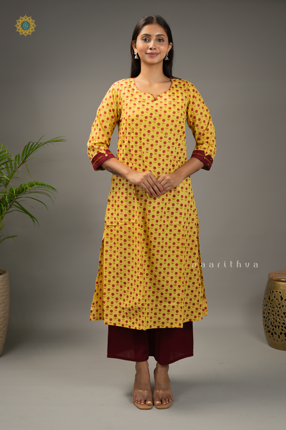 YELLOW WITH MAROON - COTTON 2PC SALWAR SUIT WITH PRINTED TOP & BOTTOM