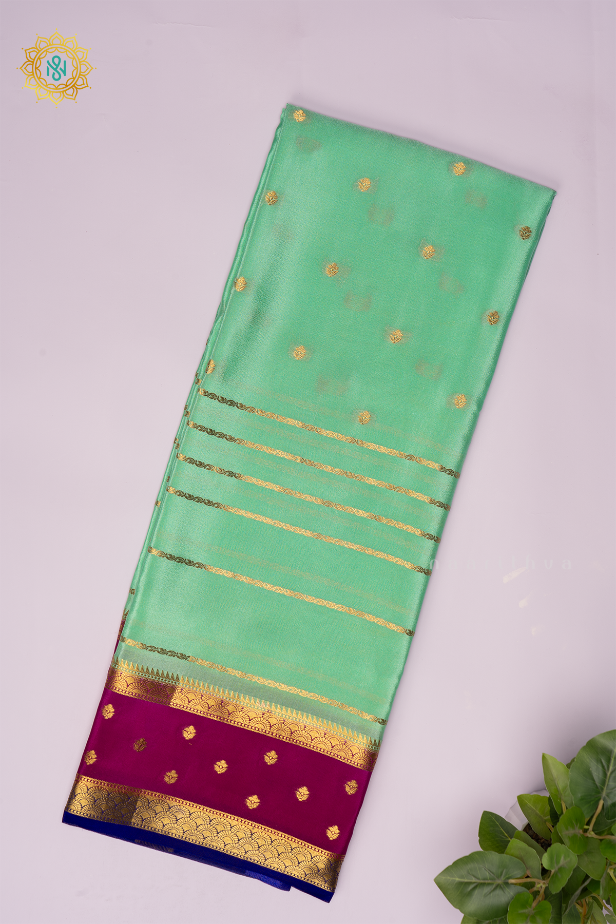 PISTA GREEN WITH RANI PINK AND NAVY BLUE - PURE MYSORE CREPE SILK