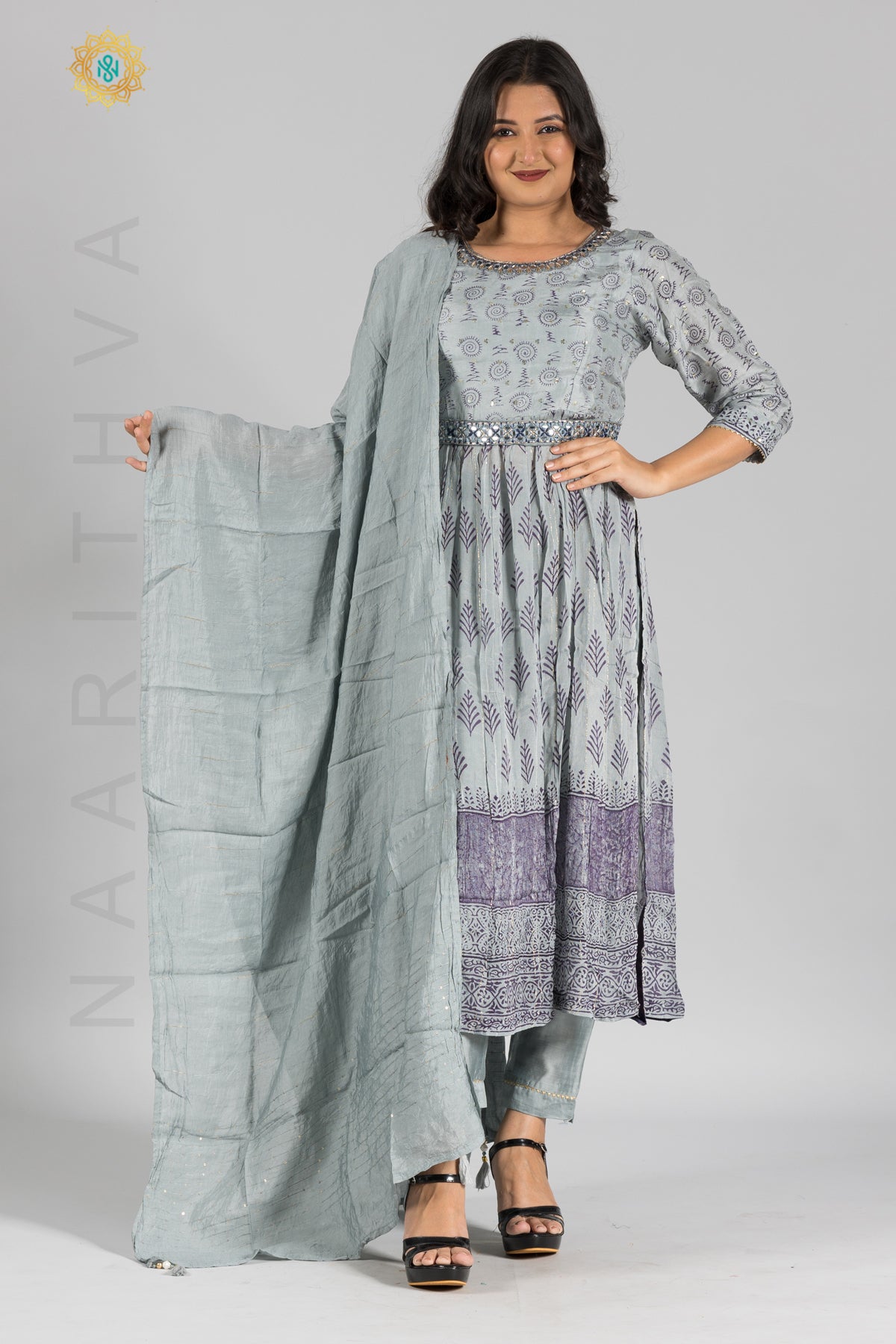 GREY - PRINTED NAYRA CUT SALWAR SUIT WITH STRAIGHT CUT PANT & DUPATTA
