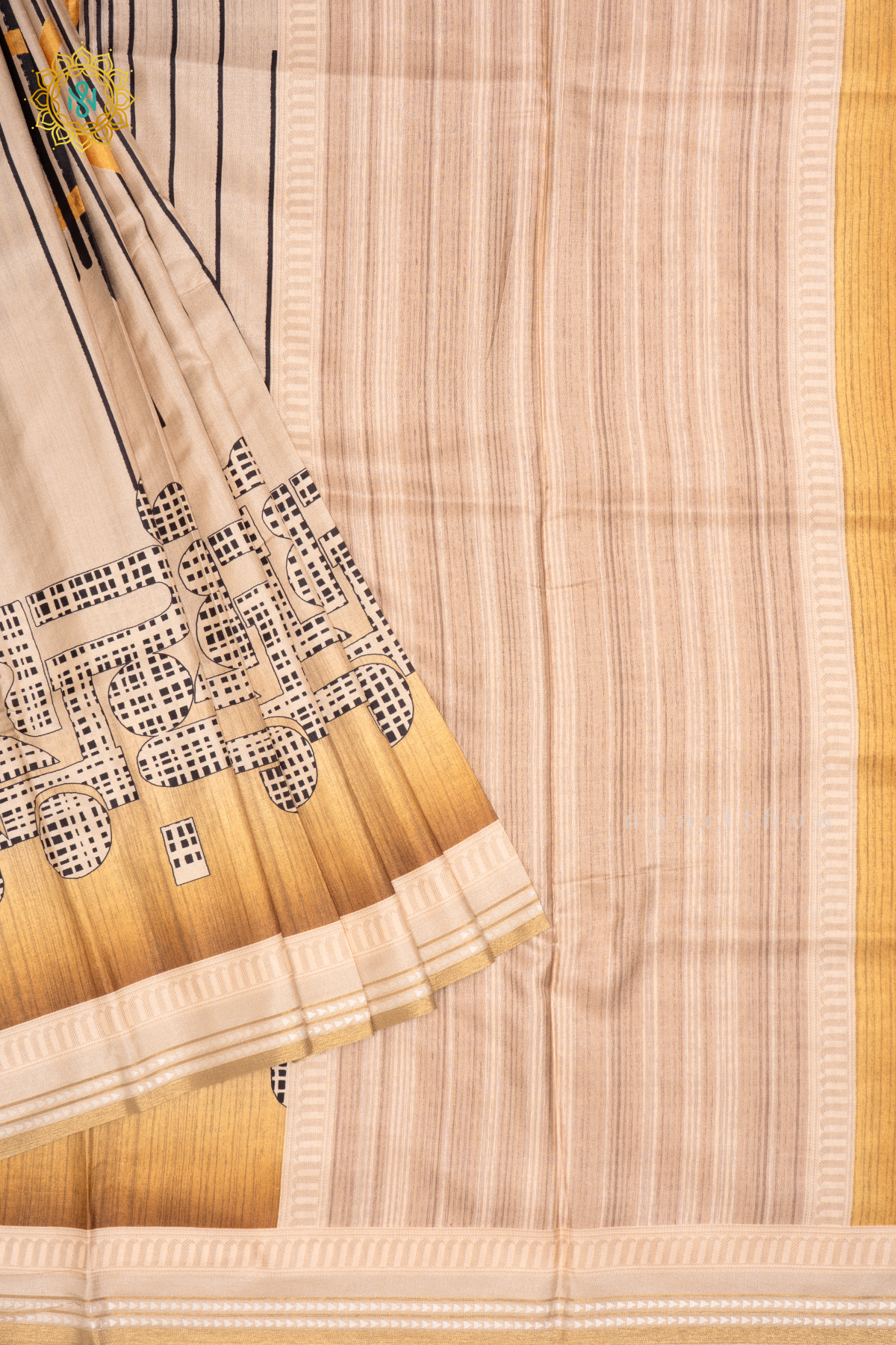 BEIGE WITH YELLOW - SEMI CREPE SILK SAREE DIGITAL PRINTS AND ZARI WOVEN BORDER