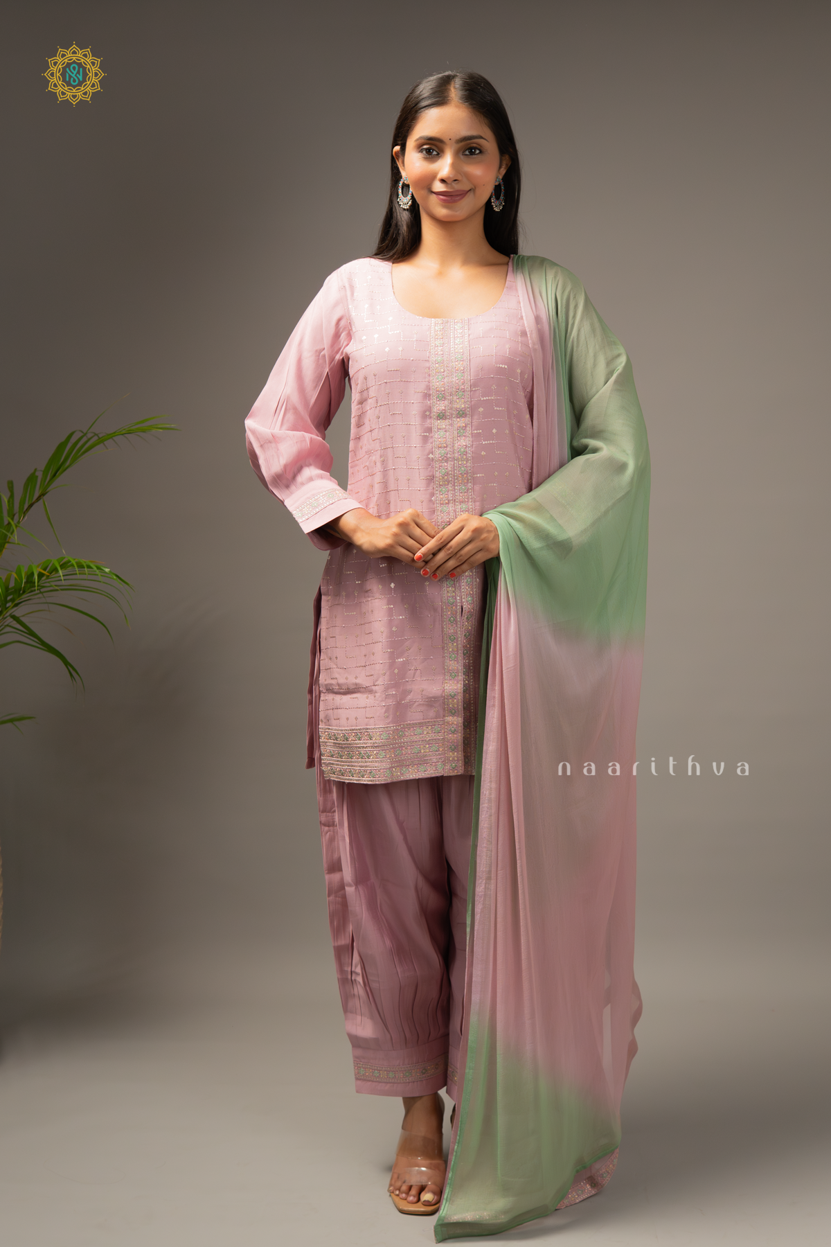 ONION PINK WITH GREEN - SILK 3PC SALWAR SUIT WITH TOP, BOTTOM & DUPATTA