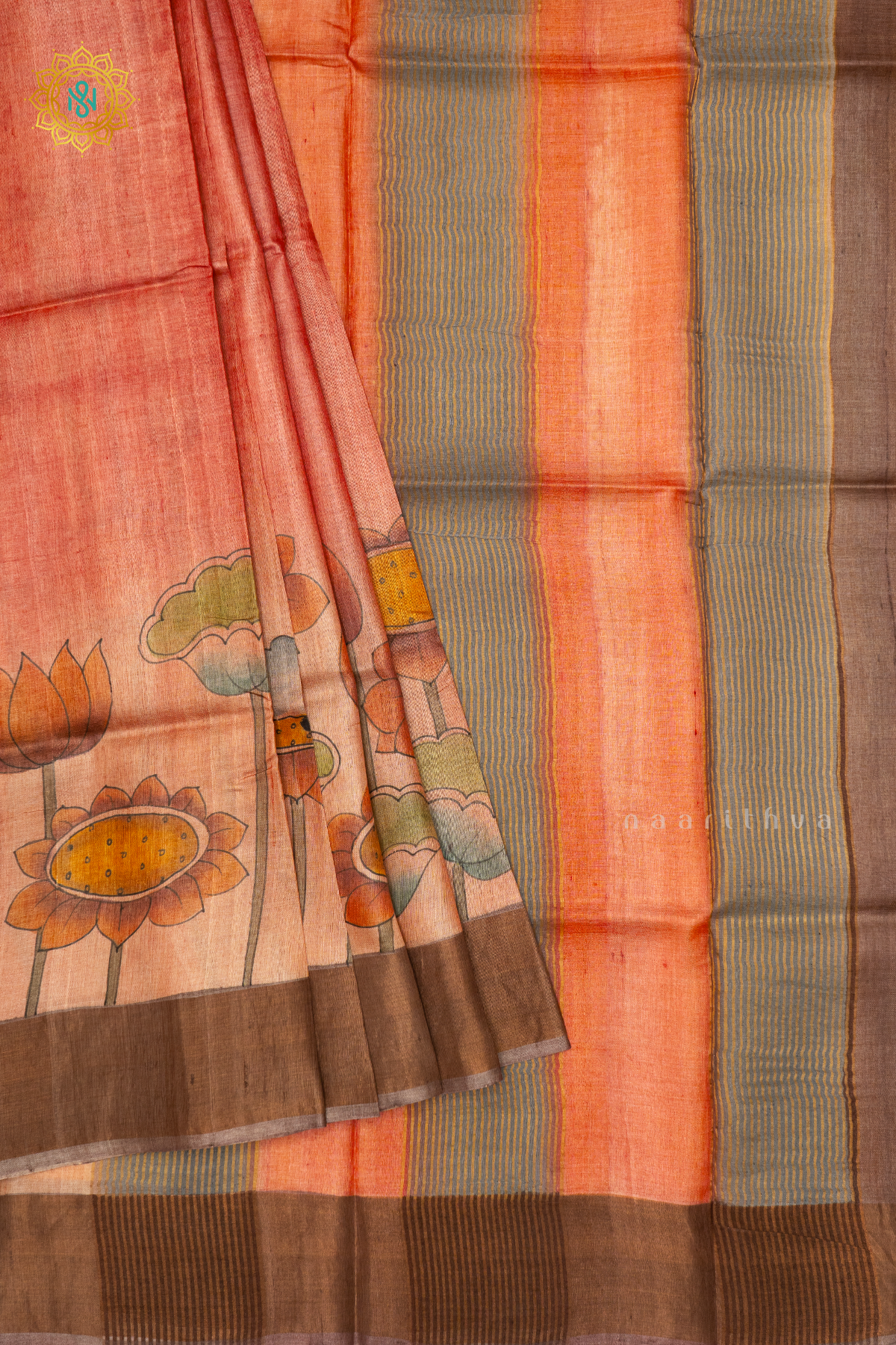 DARK PEACH WITH YELLOW - PURE TUSSAR SILK