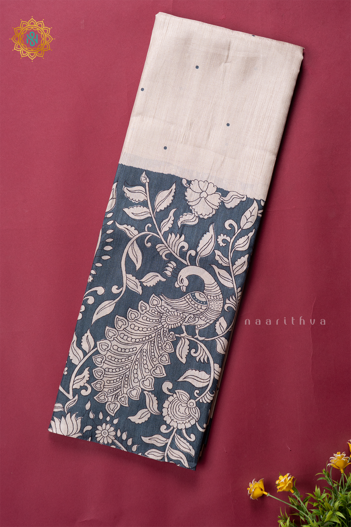 OFF WHITE WITH GREYISH BLUE - SEMI TUSSAR