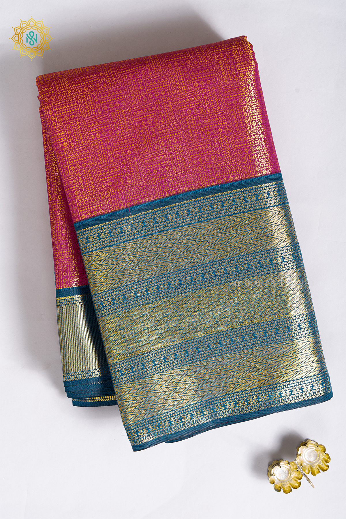 PINK WITH PEACOCK BLUE - SEMI KANCHI