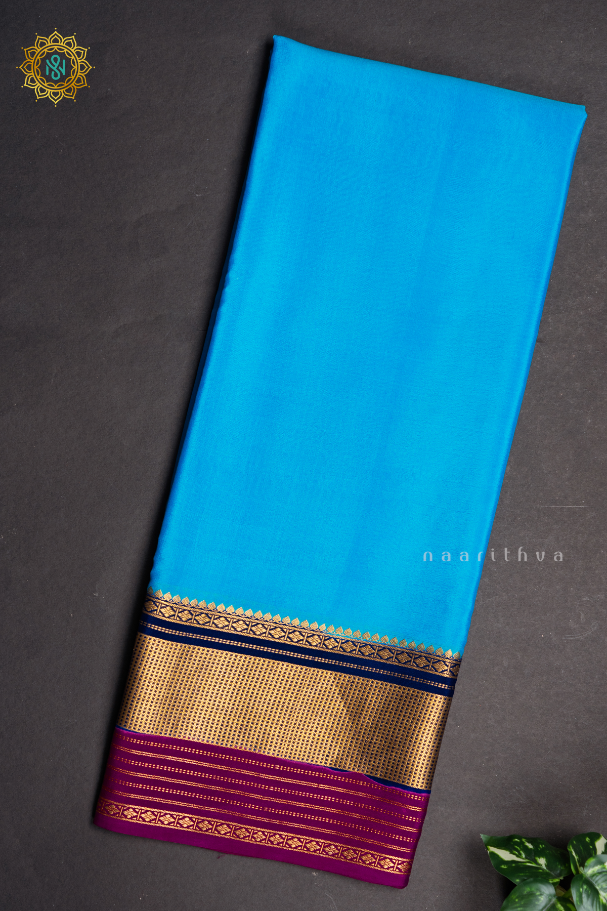 SKY BLUE WITH MAGENTA & NAVY BLUE - PURE MYSORE CREPE SILK