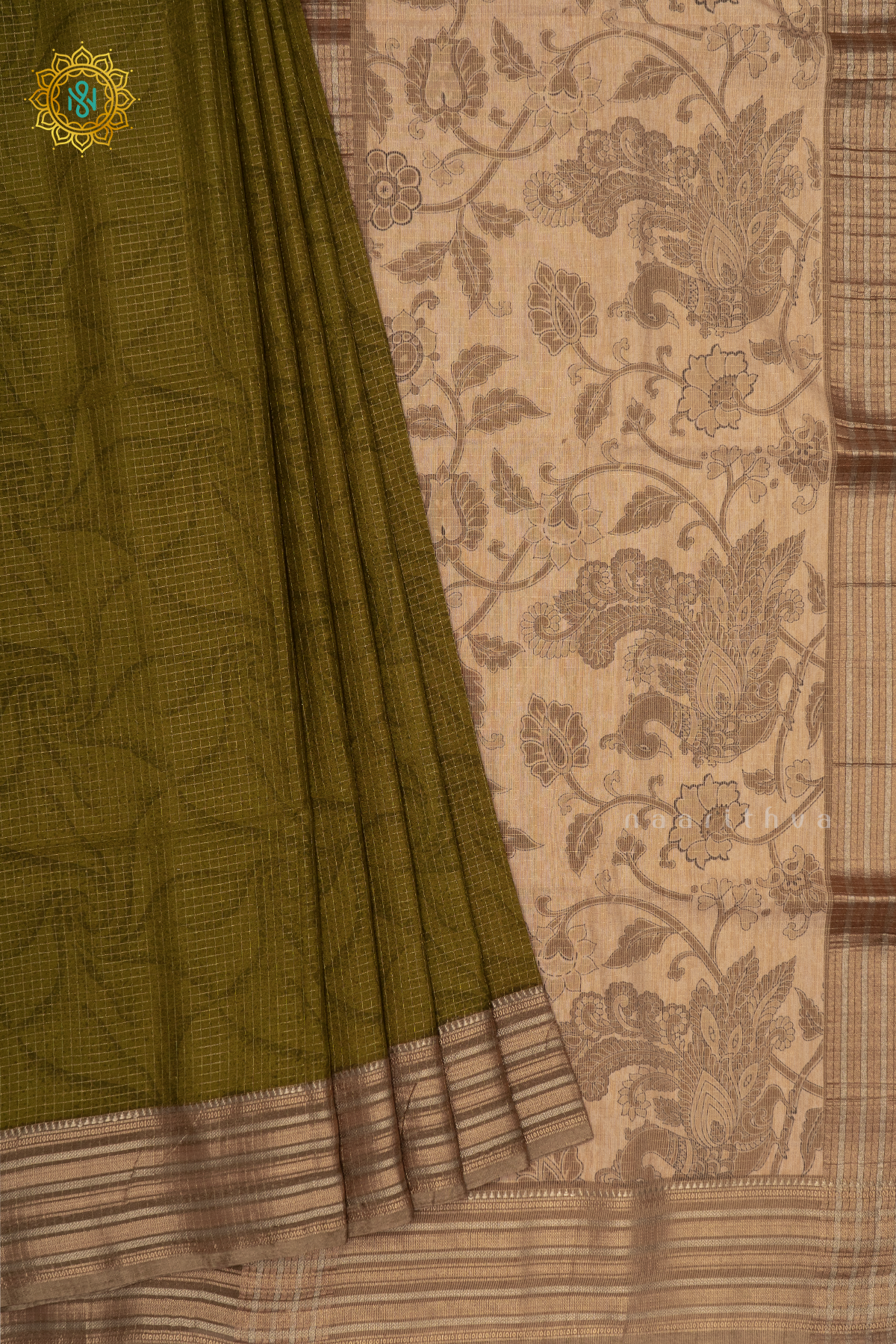 PARROT GREEN WITH BEIGE - SEMI CREPE SILK