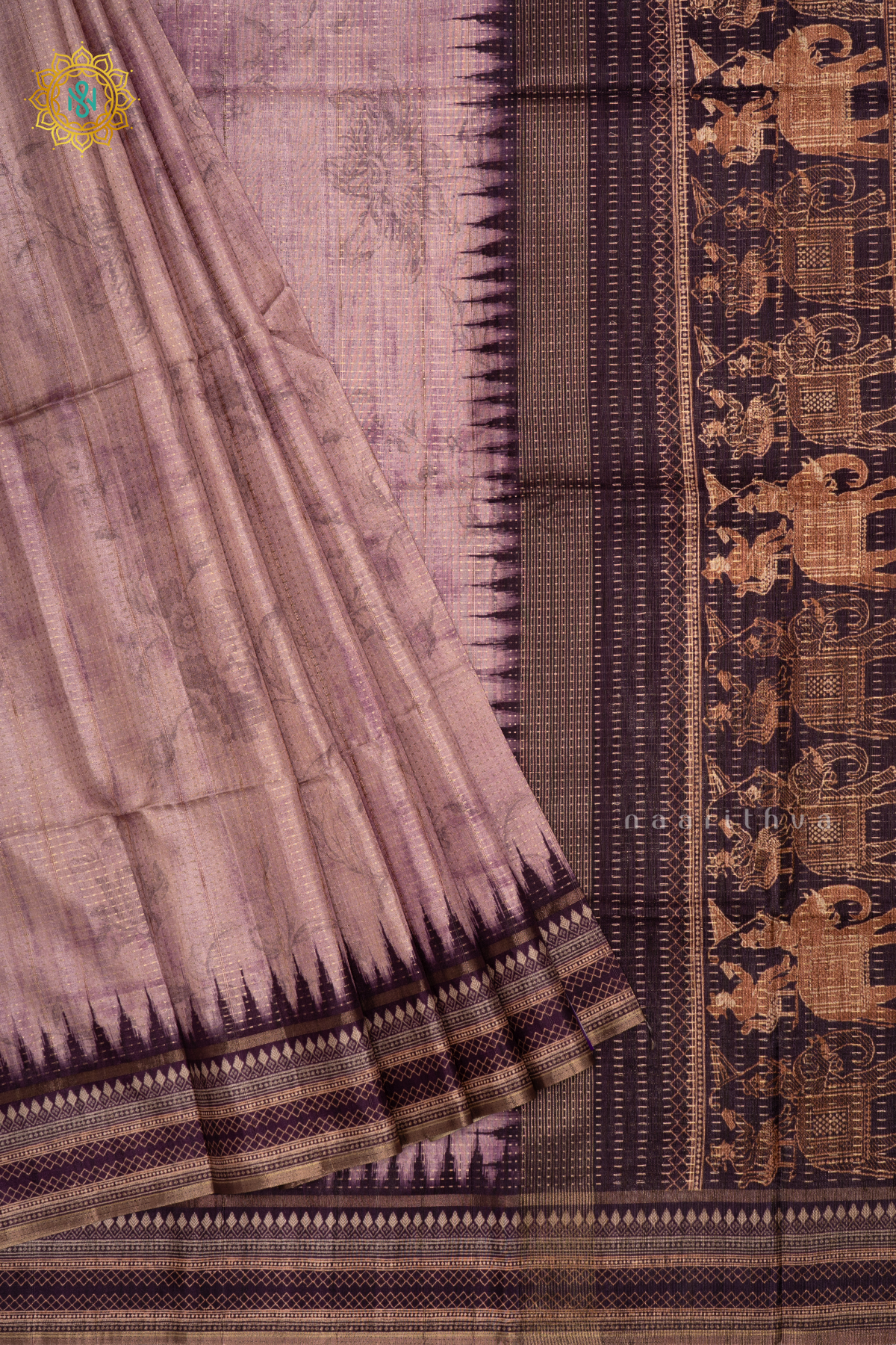 Lavender With Purple Semi Tussar Silk Saree With Printed Body, Zari Stripes And Printed Border