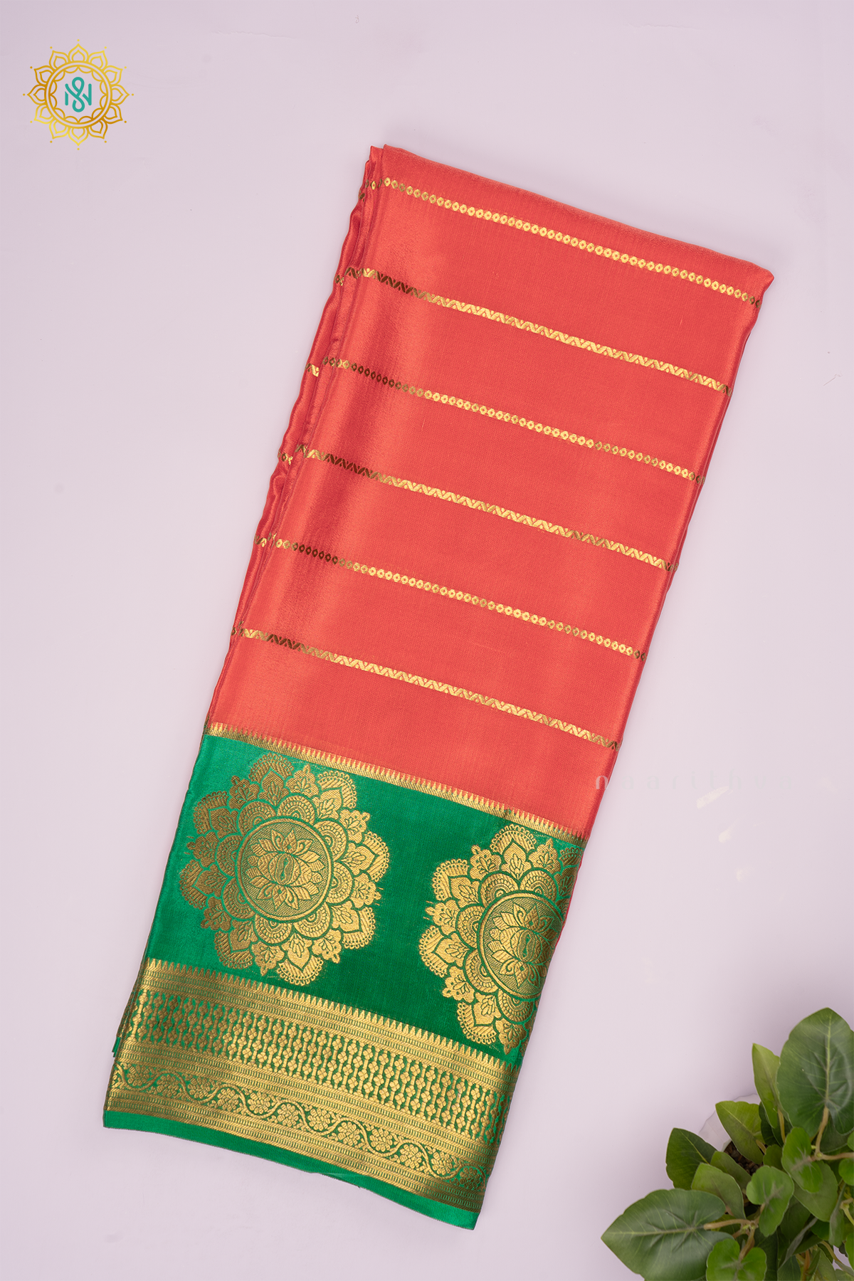 PEACHISH PINK WITH GREEN PURE MYSORE CREPE SILK