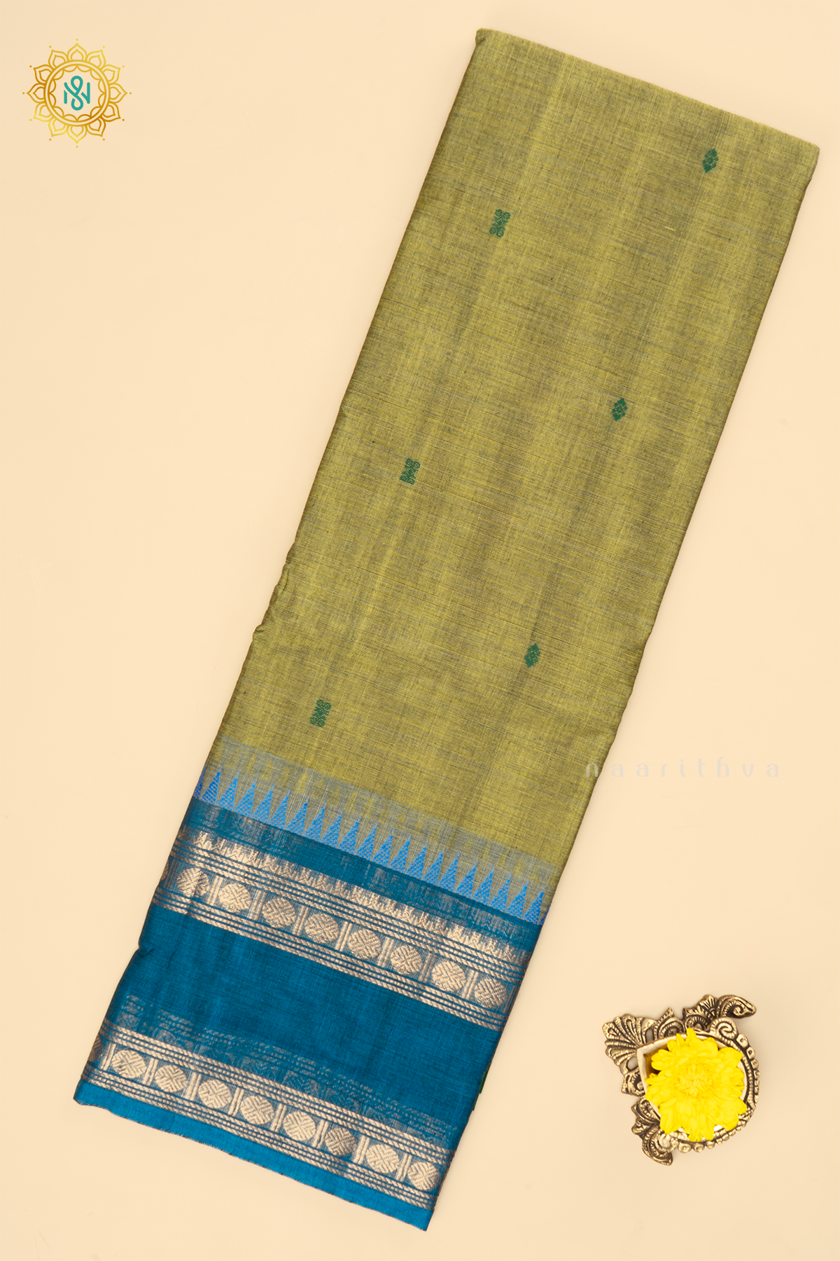Light Green With Sky Blue & Green- Chettinad Cotton Saree Allover Thread Woven Buttas With Contrast Zari Bentex Ganga Jamuna Border