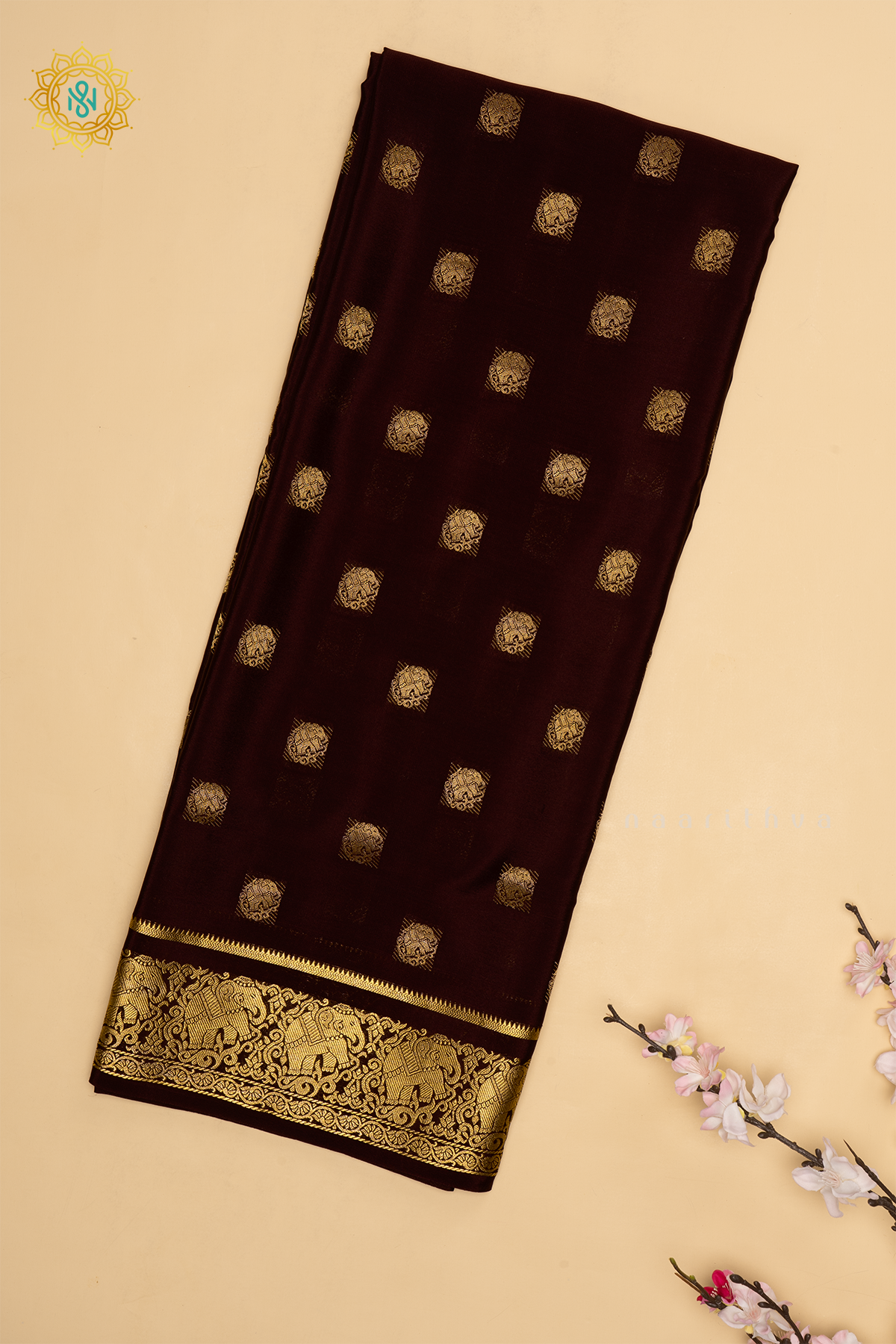 Chocolate Brown Pure Mysore Crepe Silk Saree with Zari Buttas On The Body and Zari Border