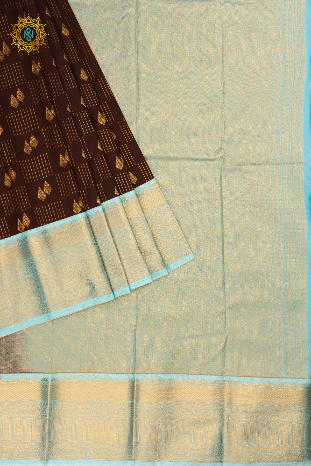 Chocolate Brown with Blue Semi Kanchi Saree With Zari Buttas All Over And Contrast Zari Border