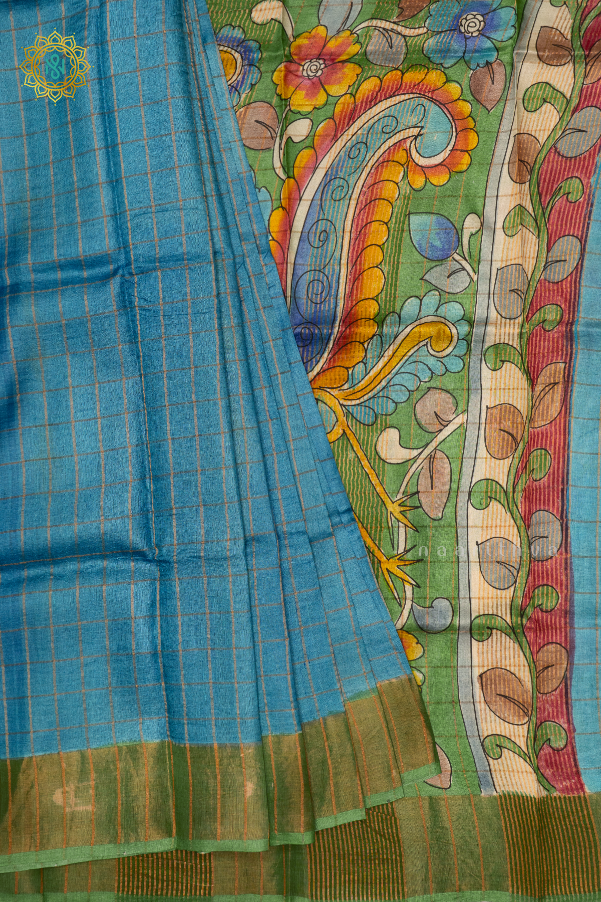 SKY BLUE WITH GREEN - PURE TUSSAR SILK