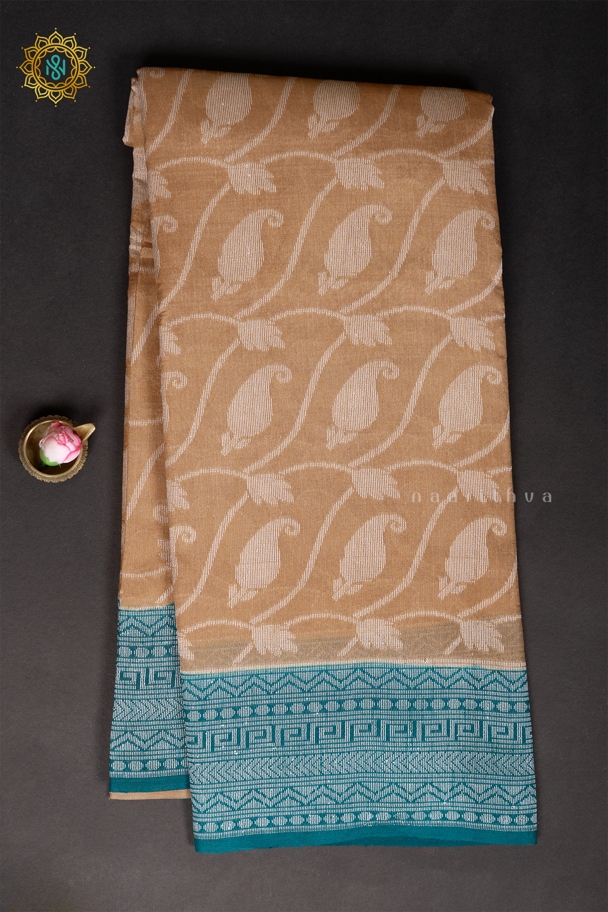 LIGHT BROWN WITH CYAN GREEN - JUTE COTTON