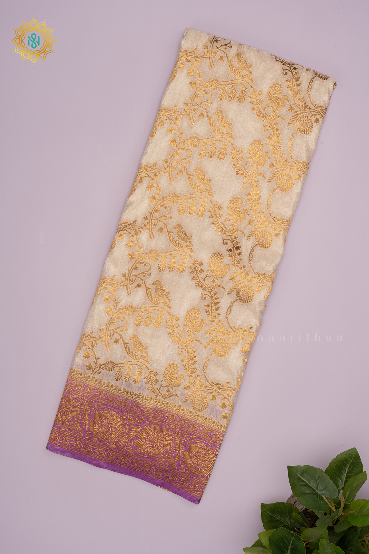 White With Pinkish Lavender Semi Crepe Georgette Saree With Brocade Body And Contrast Zari Border