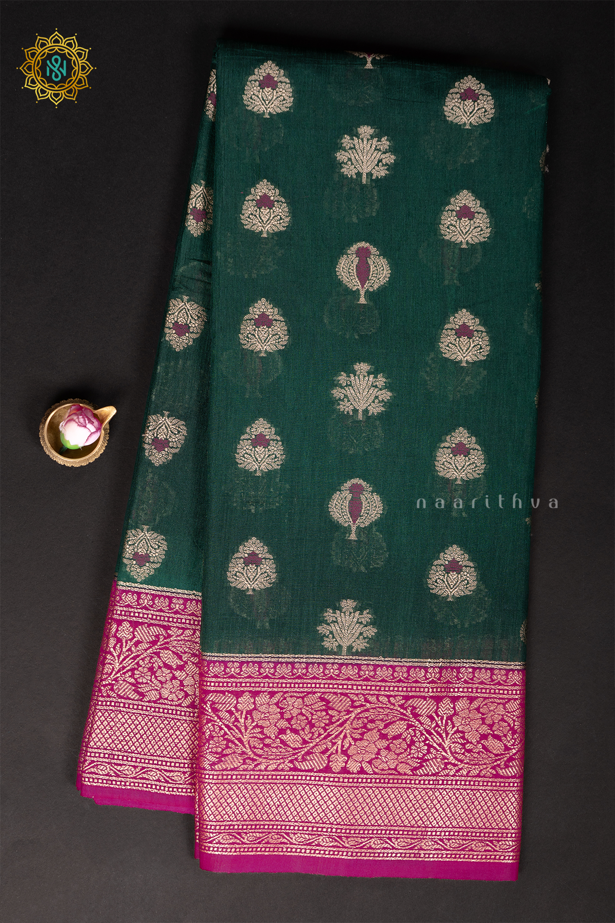 BOTTLE GREEN WITH PINK - JUTE COTTON