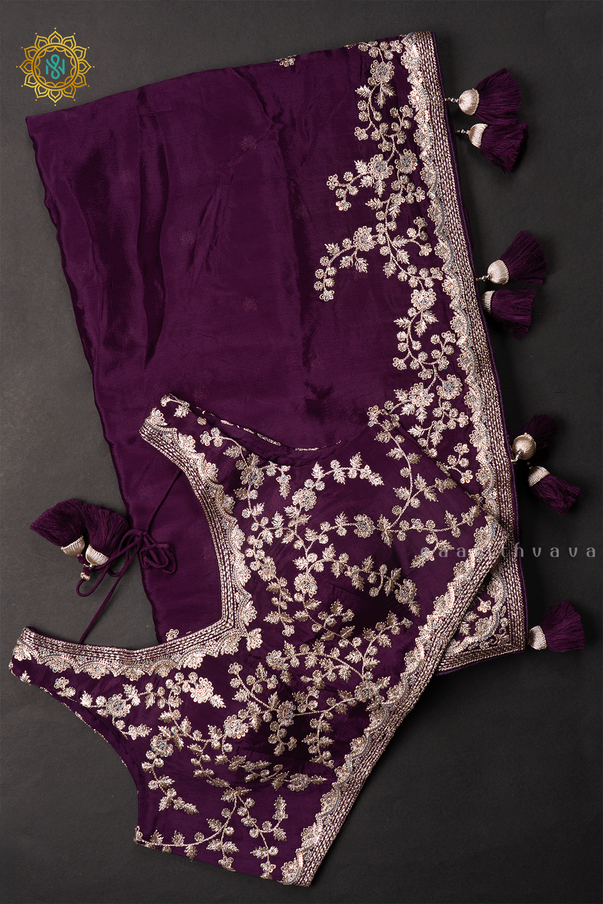 WINE - CREPE PARTY WEAR SAREE WITH READYMADE BLOUSE