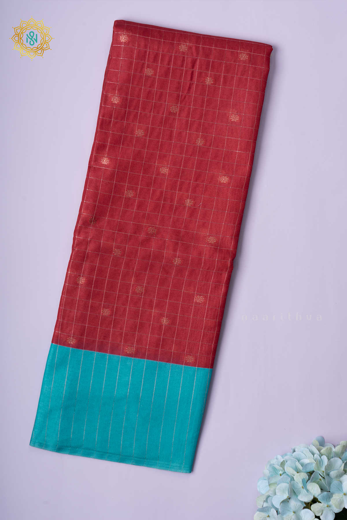 RED WITH SKY BLUE - SEMI TUSSAR