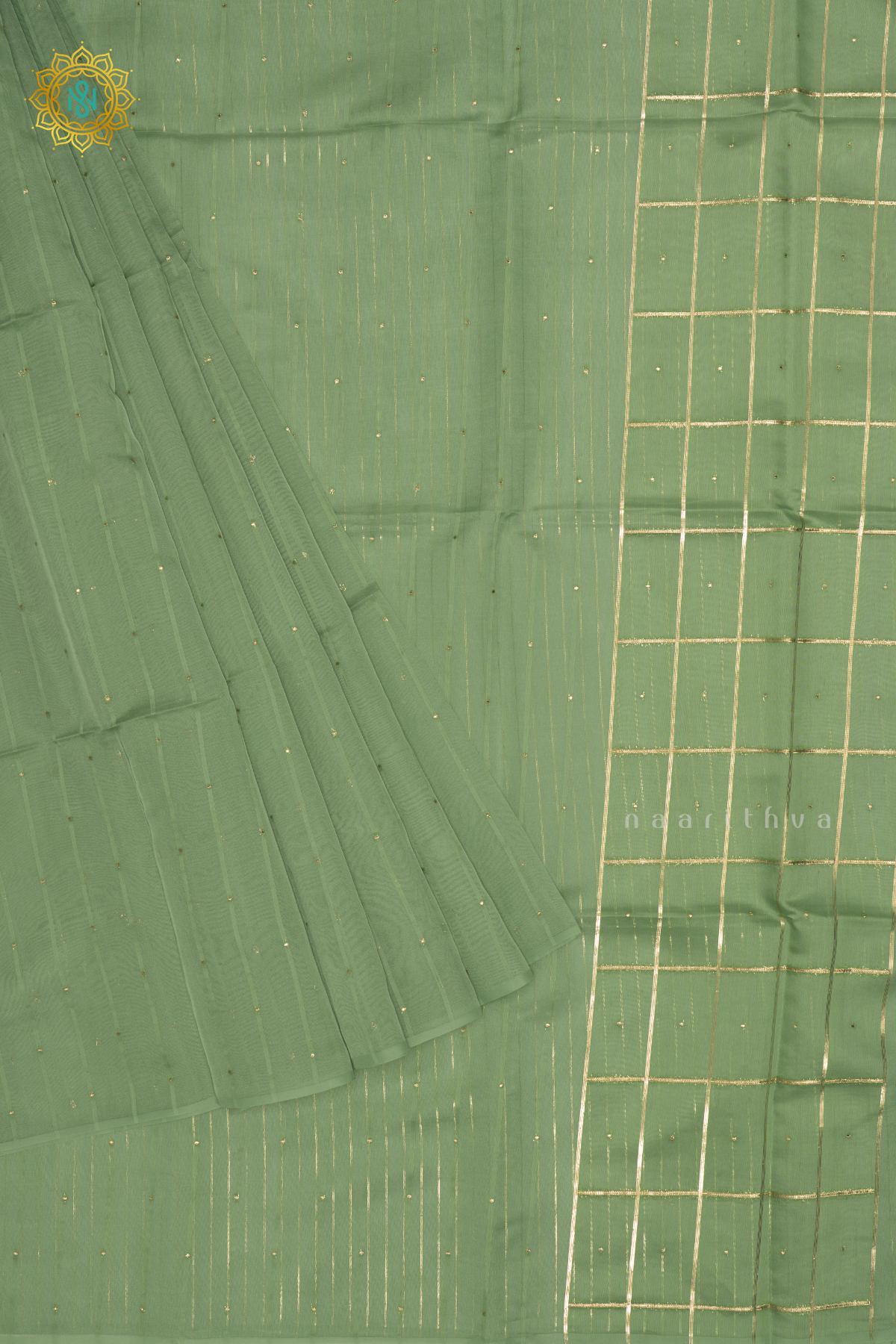 Pista Green Organza Saree With Zari Buttas And Stripes With Checks On Pallu And Blouse