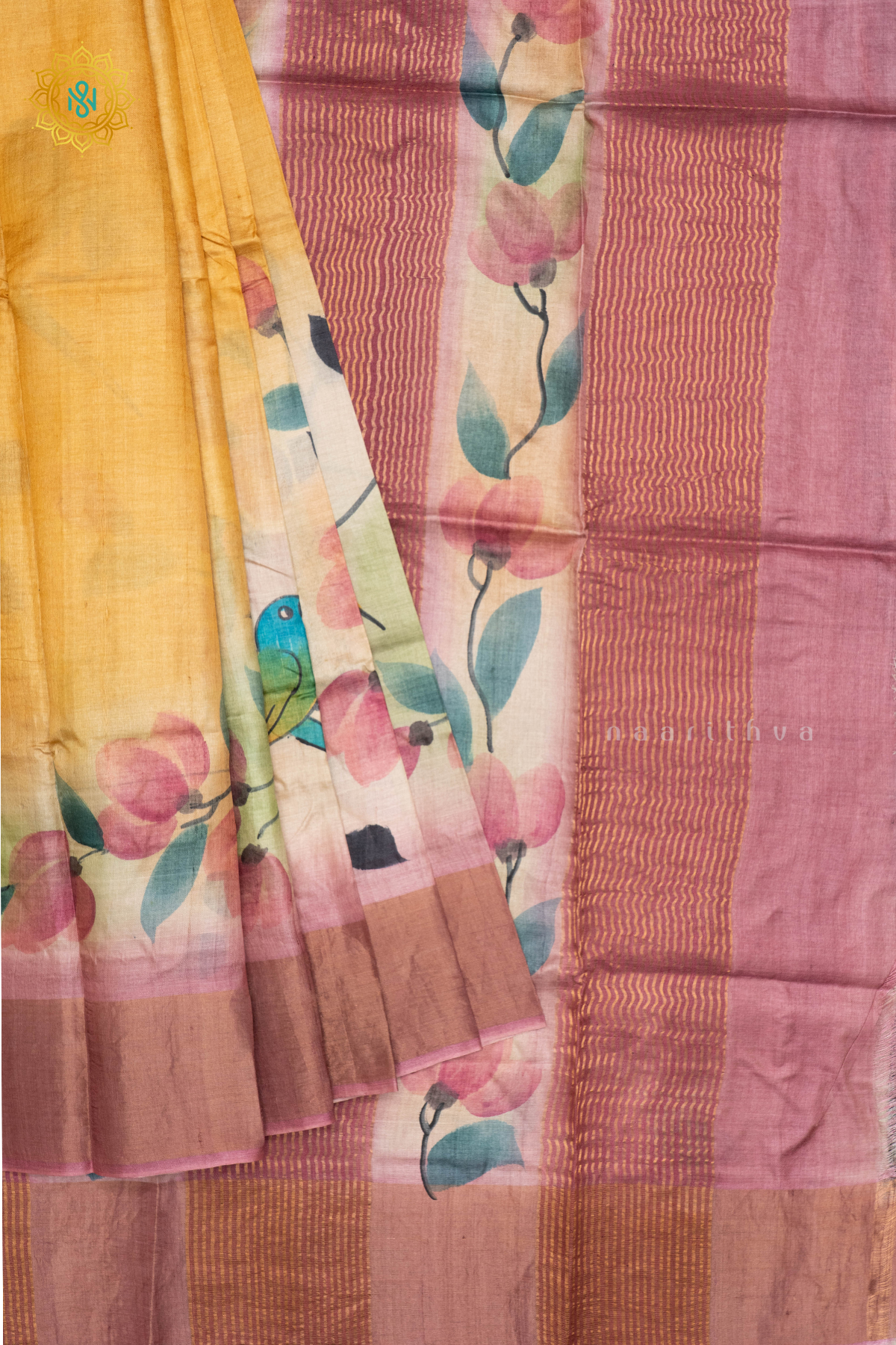 MUSTARD WITH LIGHT PINK - PURE TUSSAR SILK WITH HAND PAINTED