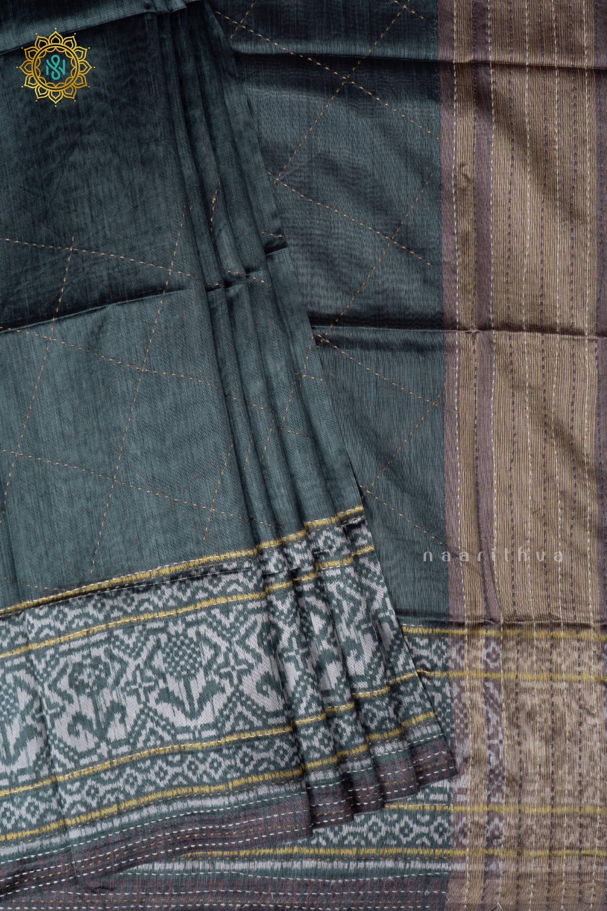 Grey With Beige Semi Tussar Silk Saree With Ikkat Print Border