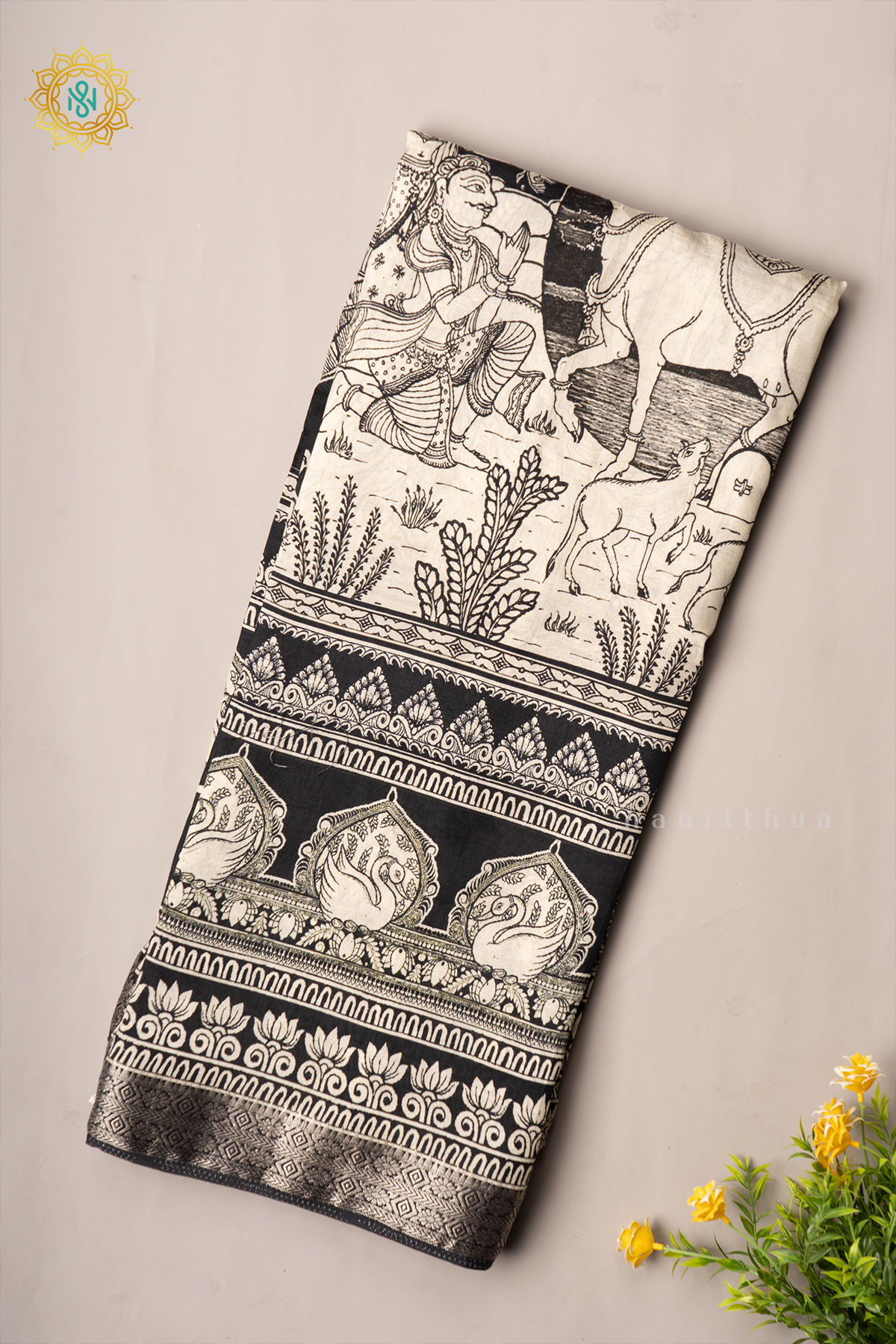 WHITE WITH BLACK - SEMI CREPE SILK