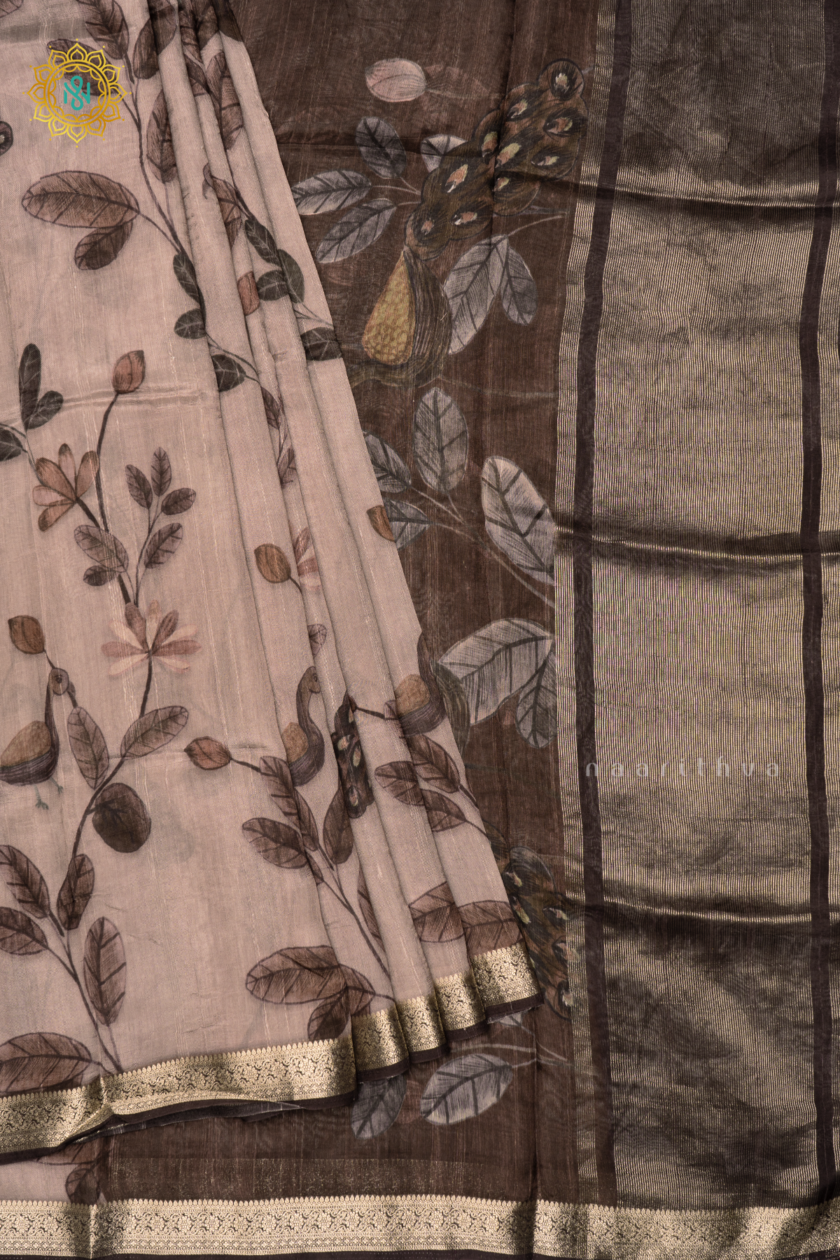 BEIGH WITH BROWN - SEMI CREPE SILK