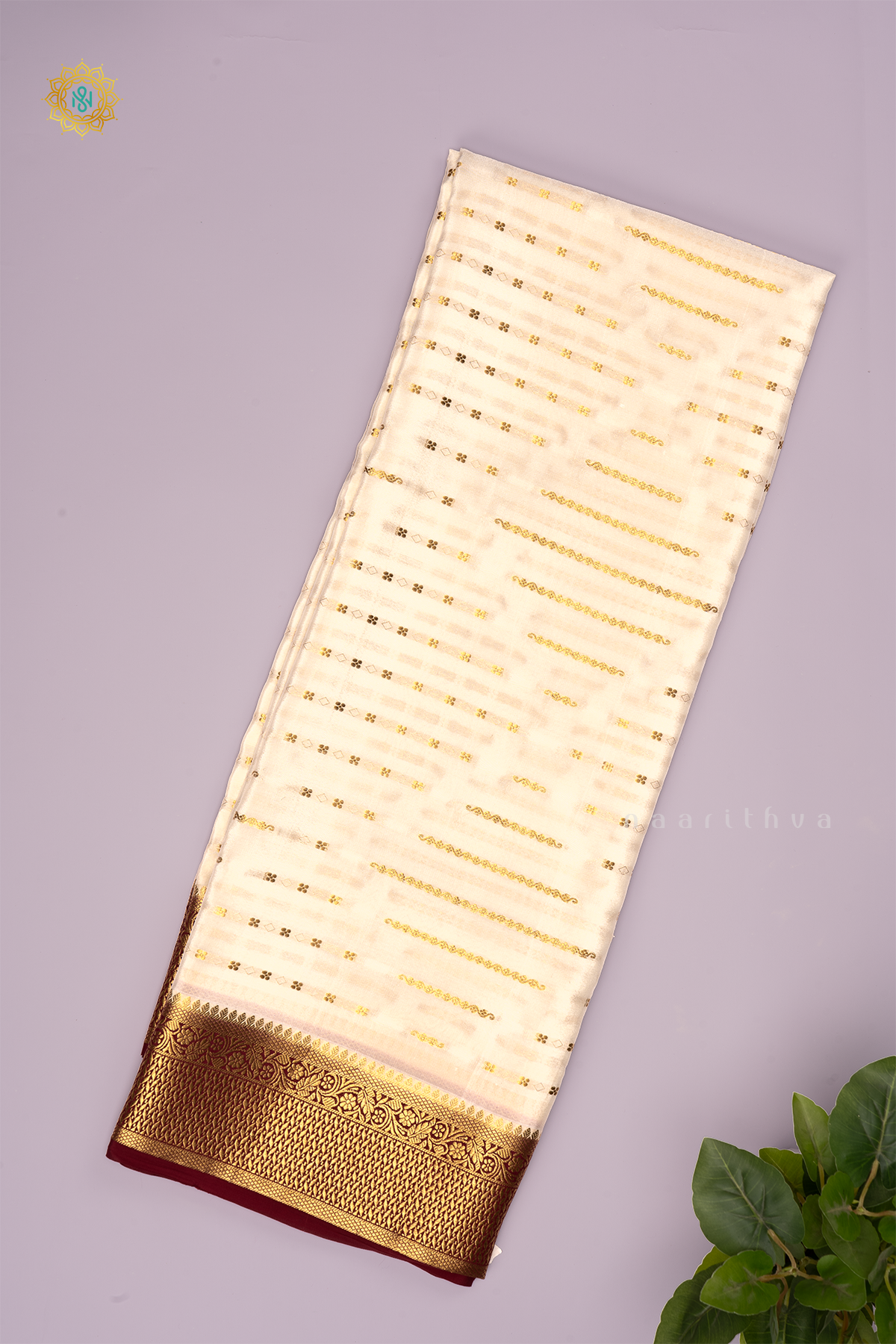 WHITE WITH MAROON - PURE MYSORE CREPE SILK