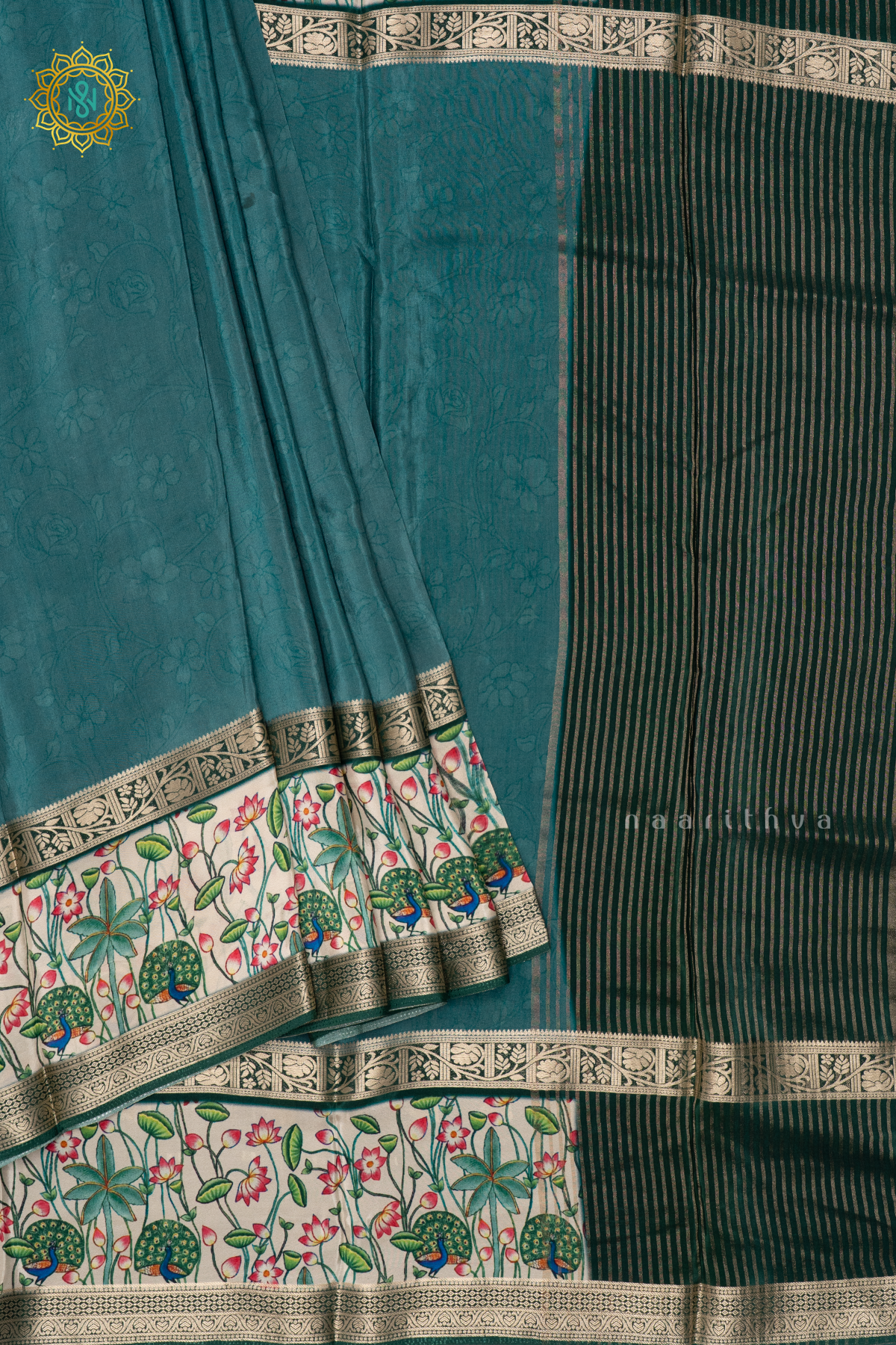 AQUA BLUE WITH OFF WHITE - SEMI CREPE SILK