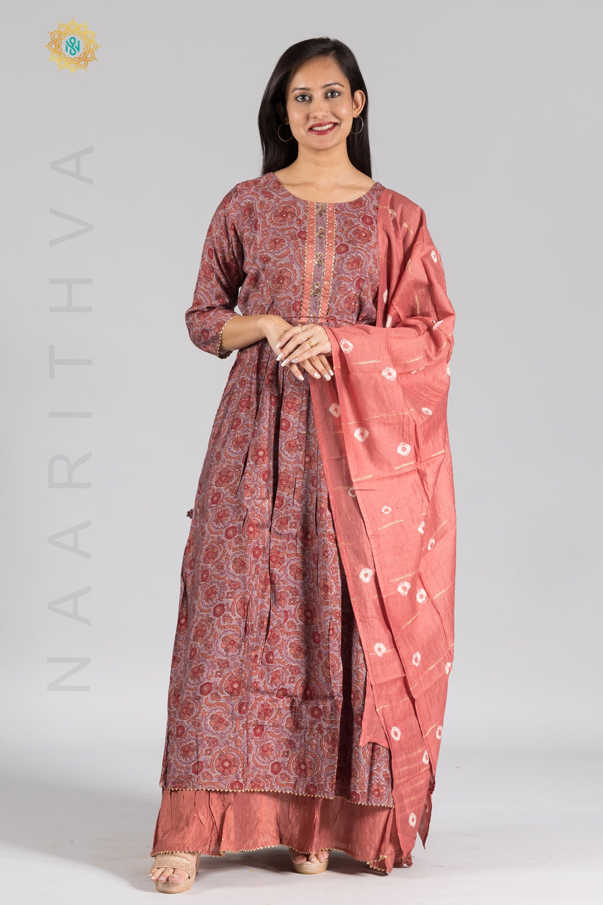 PEACH - PRINTED FLOOR LENGHT KURTHI WITH BEAUTIFUL HANDWORK ON NECKLINE