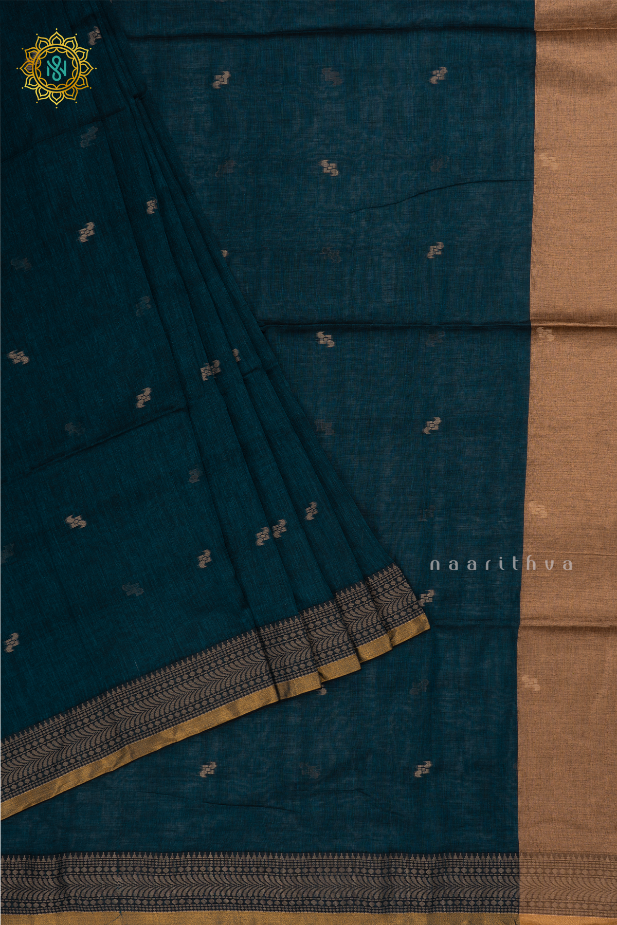Teal Blue Mul Cotton Saree Thread Woven Buttas On The Body With Thread and Zari Woven Border
