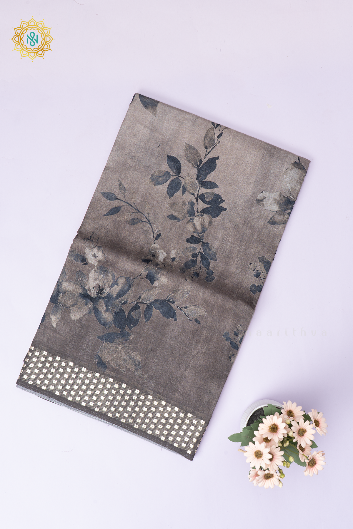 Elephant Grey Semi Cotton Tussar Saree with Printed Body & Contrast Pallu